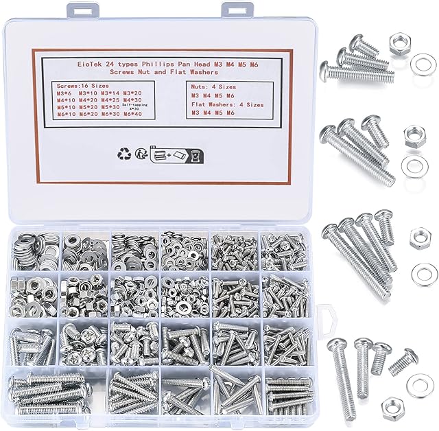 1080 Pcs Hex Socket Head Cap Screws and Nuts Washers Set, M3/M4/M5/M6 Flat Cross Head Self Tapping Screws Bolts Nuts Lock Flat Washers Assortment Kit for DIY Fastening Accessories