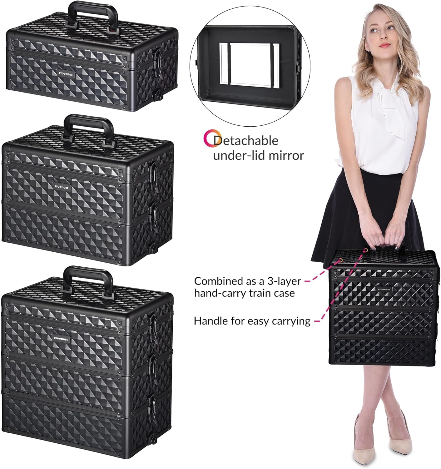 BYOOTIQUE 4in1 Rolling Makeup Case Aluminum Cosmetic Train Case Organizer with Mirror Extra Large Storage Trolley 360-degree Swivel Wheels