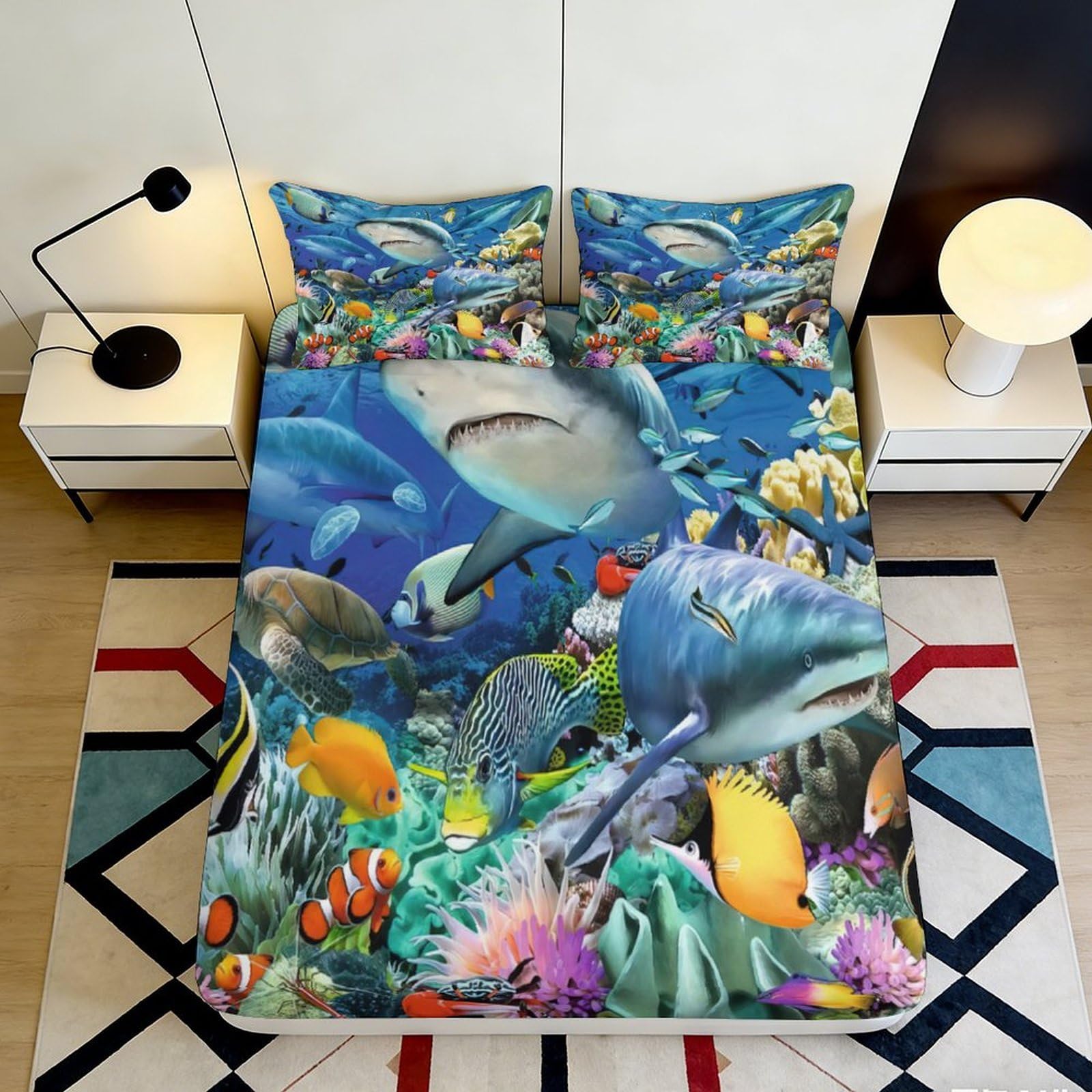 Pnayamiorkfel Style-6 3D Printed Ocean Shark Fitted Sheet Microfiber Coral Reef Bed Cover Vibrant Marine Bedroom Decor Mattress Protector 90X200x25cm