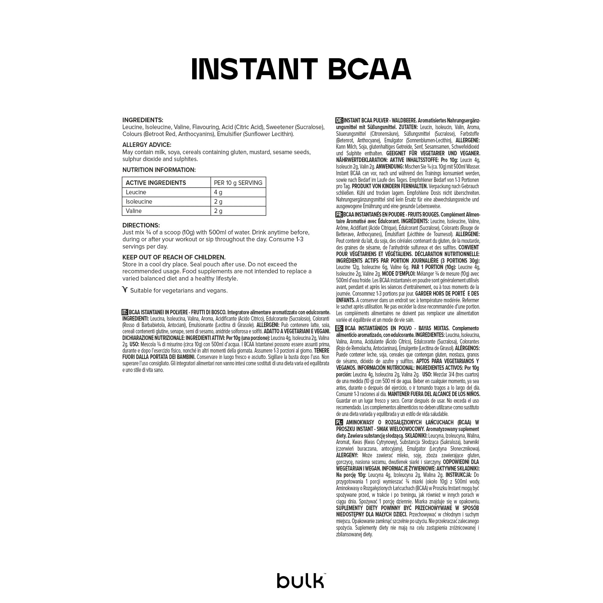 Bulk BCAA Instantáneos en Polvo, Bayas Mixtas, 1 kg, 100 dosis