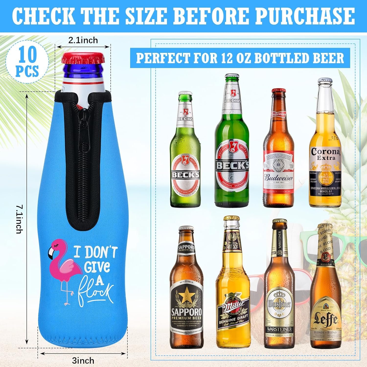 Dingion 10 Pcs Summer Beer Bottle Insulator Sleeve with Zipper Insulated Jackets Keep Warm and Cold Beer Bottle Sleeves with Stitched Fabric Edges for Pool Beach Party Favors - Image 2