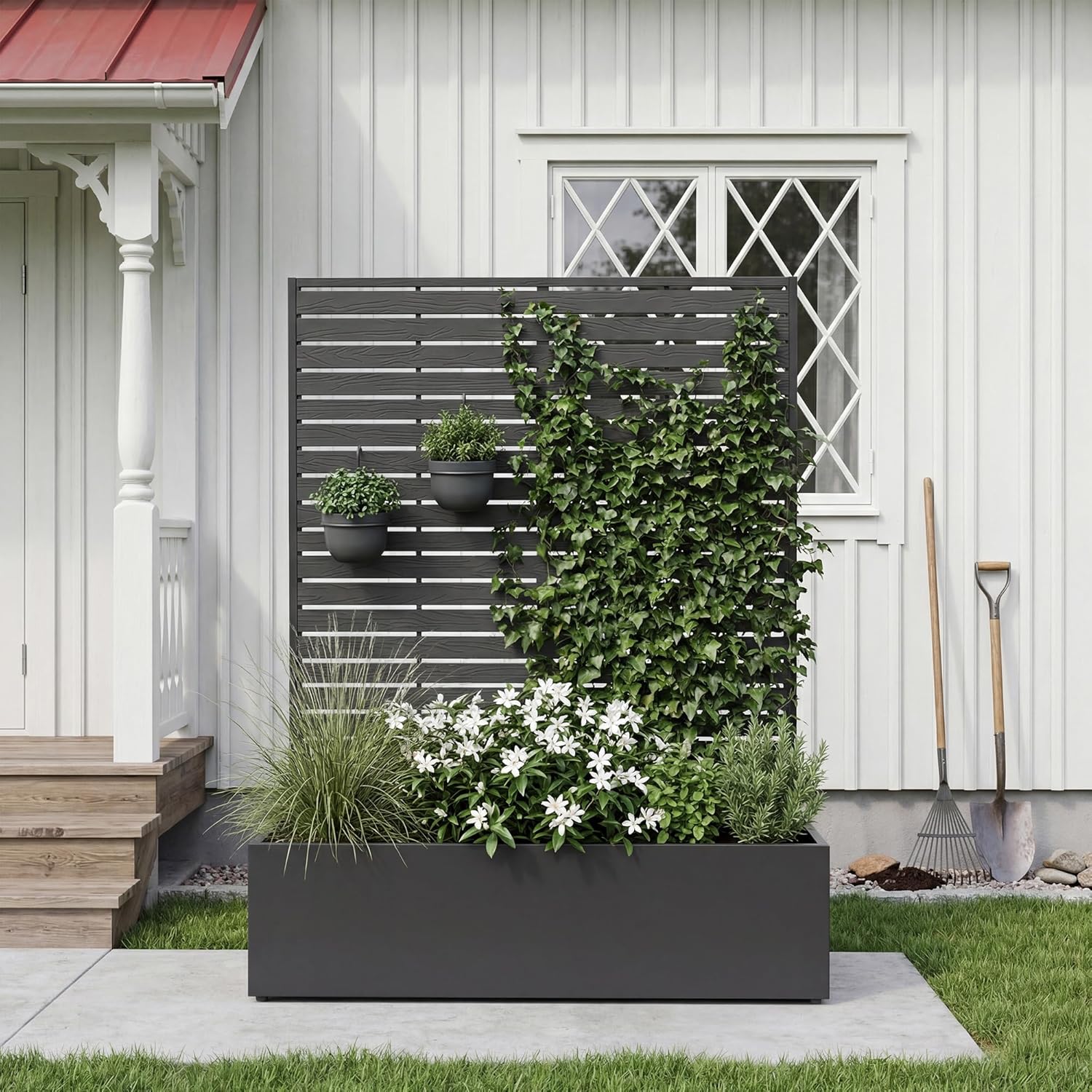 Metal Raised Garden Bed with HDPE Trellis, 45"x16"x59" Planter Box for Vegetables & Climbing Plants, Outdoor HDPE Privacy Screen Planter with Drainage Holes for Patio, Backyard, Garden