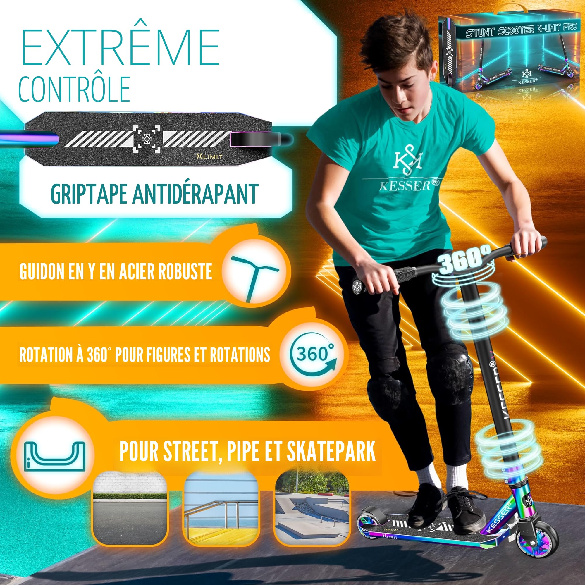 KESSER® Trougetinette de Freestyle X-Limit-Pro 360Ḟ Direction trougetinette Funscooter trougetinette de Freestyle avec béquille ABEC 9 roulements à Billes, Roues en PU 110 mm,
