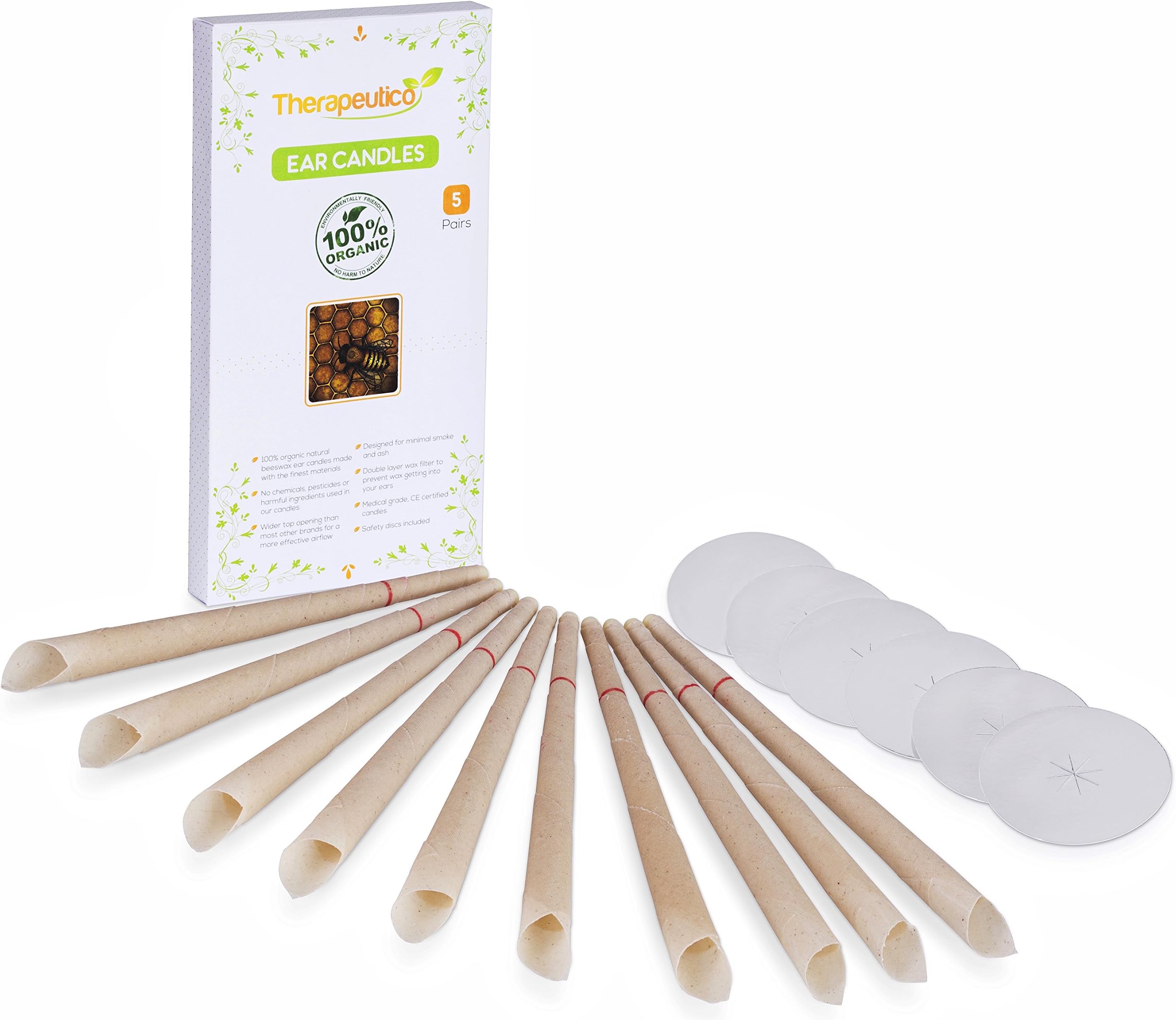 Therapeutico Natural Organic 100% Beeswax Hopi Ear Candles with Free EBOOK |10 Hand-Crafted Candles | Medical Grade with Safety Disc and Double Wax Filter | Relaxing |