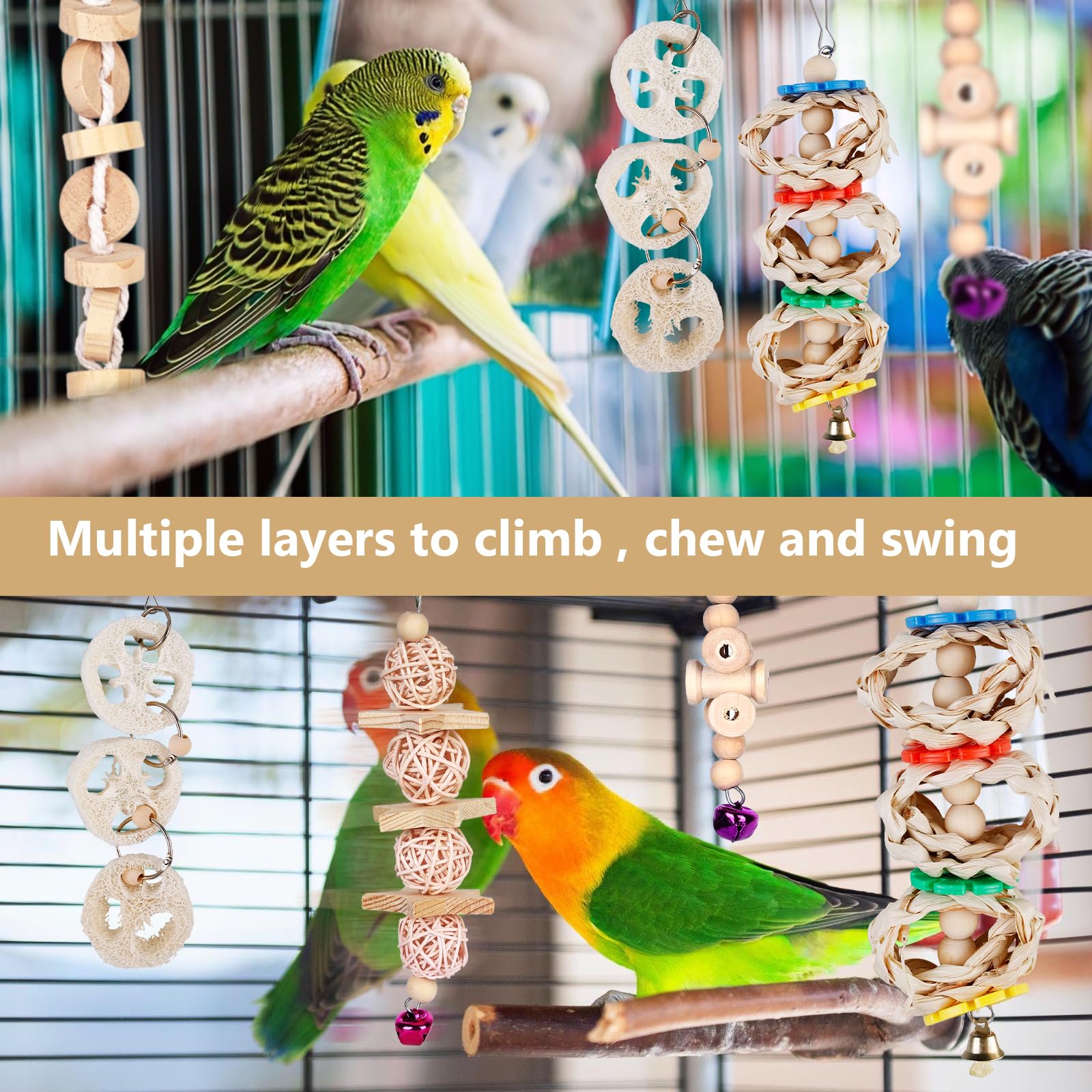 8 packs vogel papegaai schommel hangend speelgoed, natuurlijke houten bel vogel kooi speelgoed voor papegaaien, parkieten, valkparkieten, Conures, vinken, parkiet, papegaaien, liefdesvogels, Australische papegaai, kleine vogels