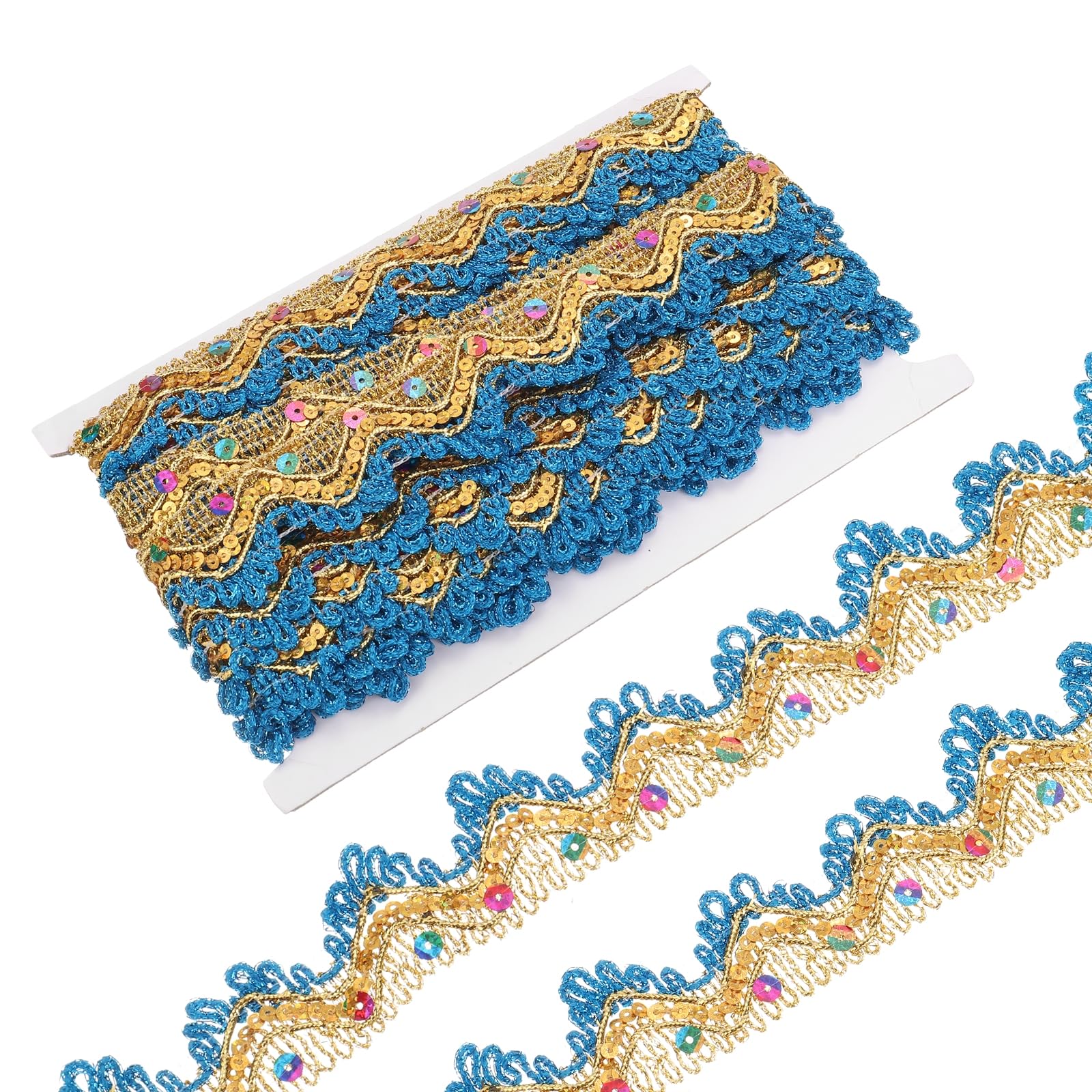 sourcing map 10 Yard Sequins Beaded Lace Trim 1.5 inch Scalloped Braid Trim Strip for Crafts, Embellishments, Costume, Sky Blue,Gold