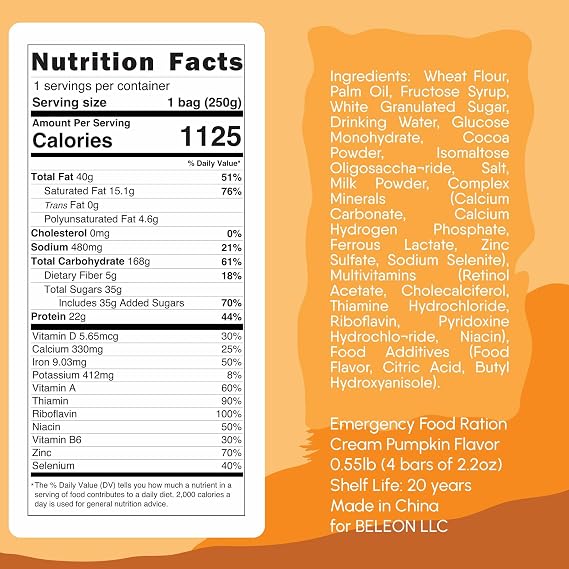 Emergency Food Supply - Cream Pumpkin High Energy Bar Bisquit 20 Years Shelf Life, Mres Meals Military 2025 Rations Survival Food - Survival 1-Day Ration Camping Hiking Supplies