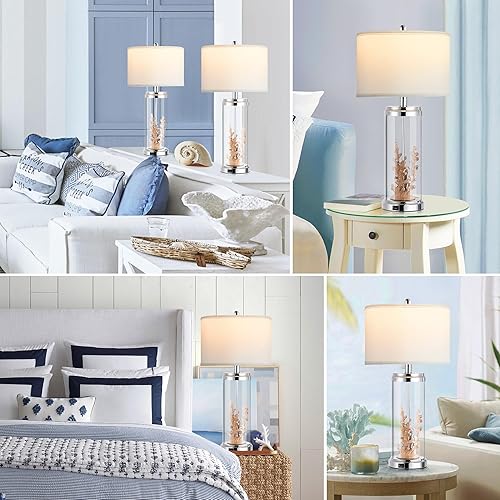 Miniatura 5 de QiMH Juego de 2 lámparas de mesa, moderna lámpara de noche con puertos USB, lámpara de mesita de noche con pantalla de tela blanca, lámpara de mesa