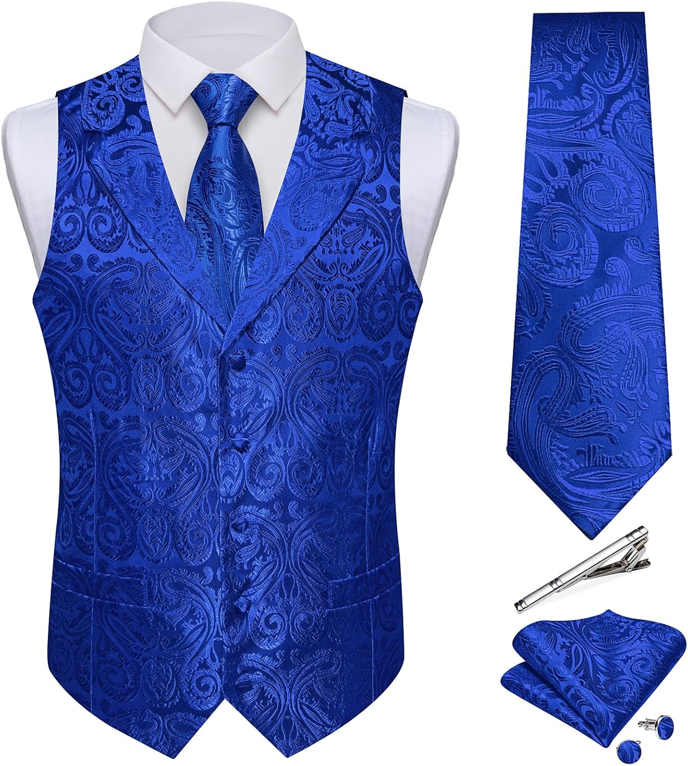 DiBanGu Men's Vest and Tie Set Silk Paisley Suit Vest and Necktie Pocket Square Cufflinks with Tie Clip for Wedding Party