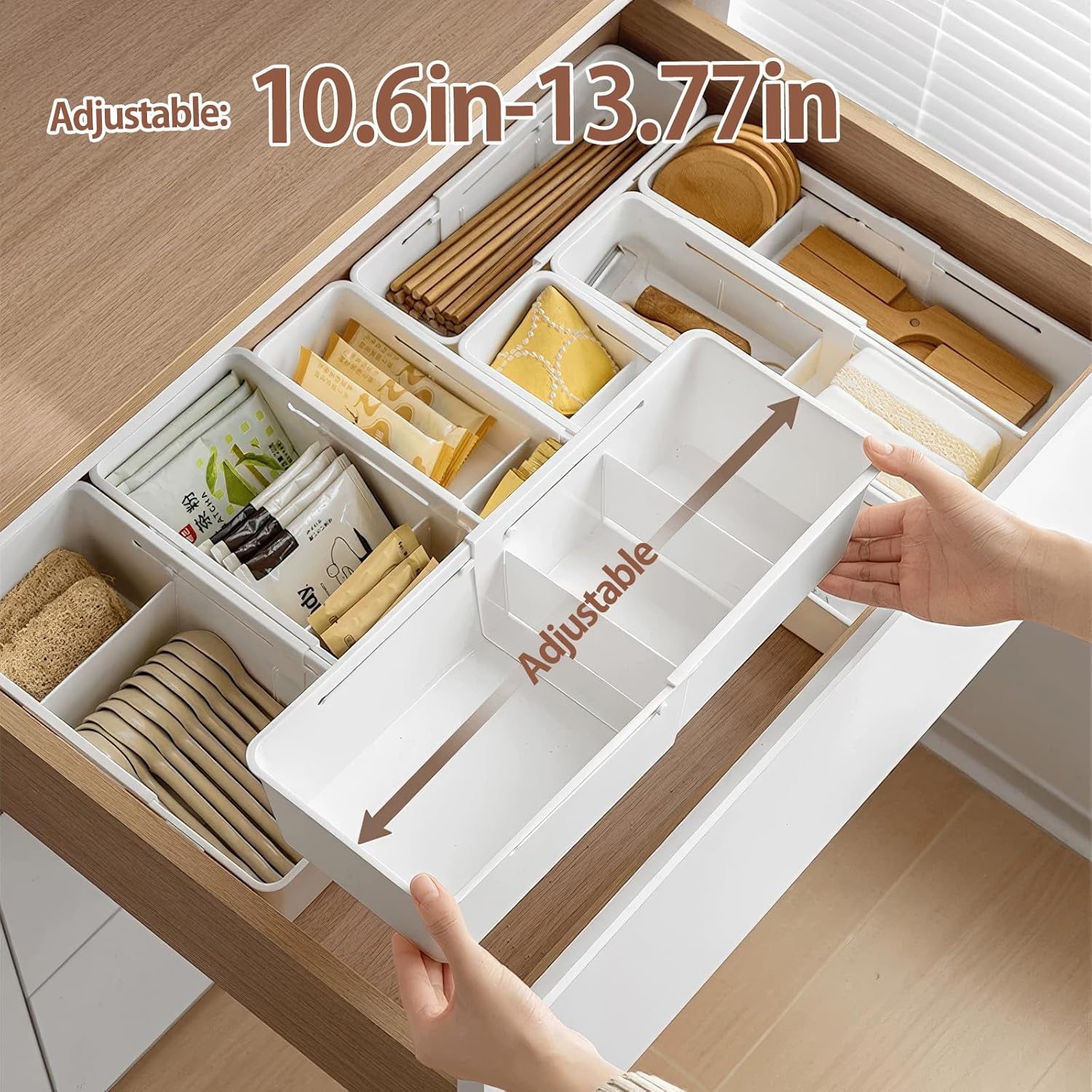 Drawer Storage Box, Expandable Storage Drawer Organizers, Smart Drawer Organizer Multi Level, Adjustable Sliding with Dividers for Kitchen, Bathroom, and Makeup Organization (Upsize S model)