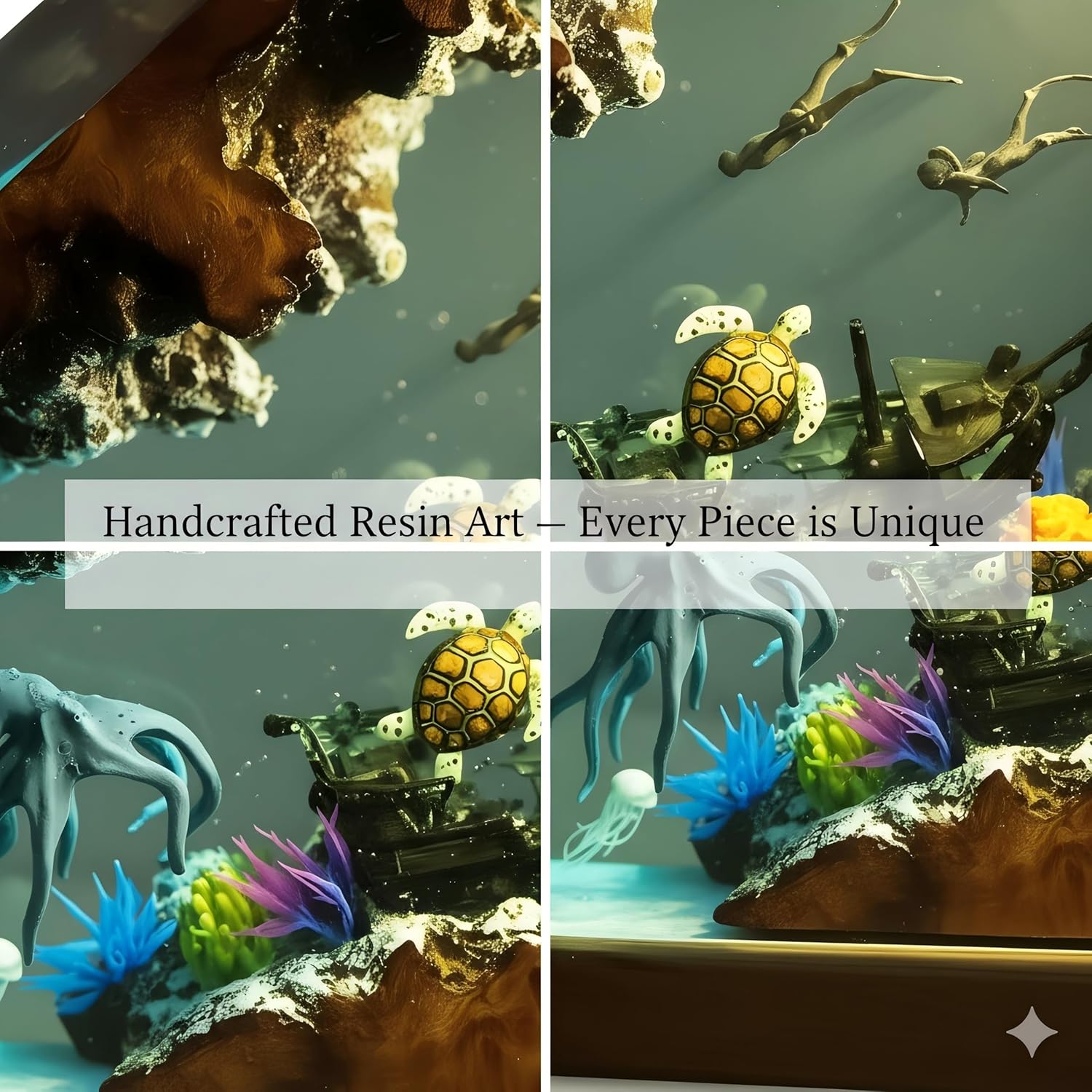 Handmade Ocean Resin Night Light 7-Color LED Lamp with Remote, Epoxy Resin Wood Lamp for Bedroom Decor & Desk, Romantic Valentine’s Day Gift for Her, Men's Office Decor (Octopus, Small)