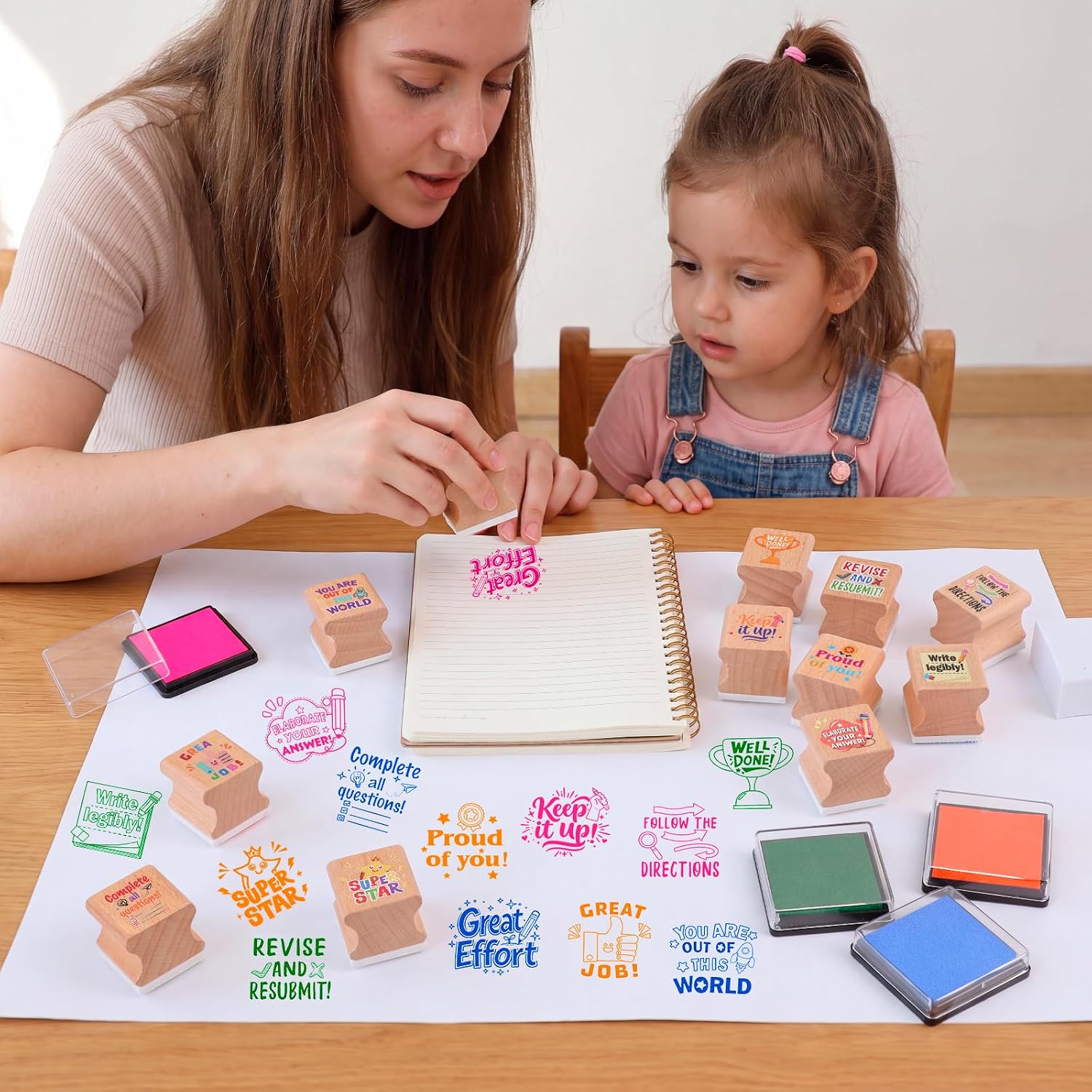 HOWAF 12pcs Teacher Stamps for Classroom, Teachers Rubber Stamp for Grading Homework Test Motivation Students Behavior Reward Supplies, Inspirational Wood Stamps for Teachers