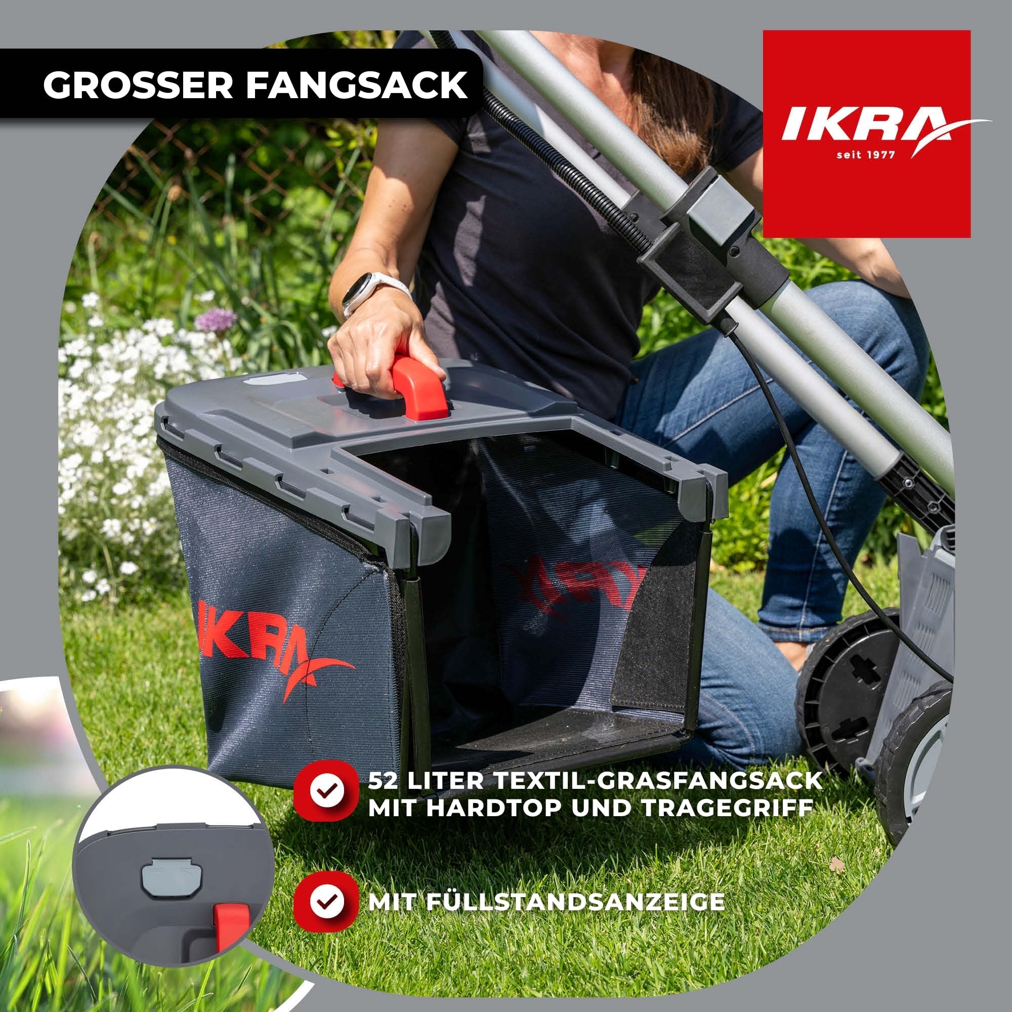 IKRA Rasenmäher IB-LM 43, 3in1, Breite 43cm, ohne 36V Akku & Ladegerät | Kompatibel mit Bosch, Rasenflächen bis 600m², Schnitthöhe 30-75mm, Fangkorb 52l, Batterieladeanzeige am Griff, inkl. Mulchkit