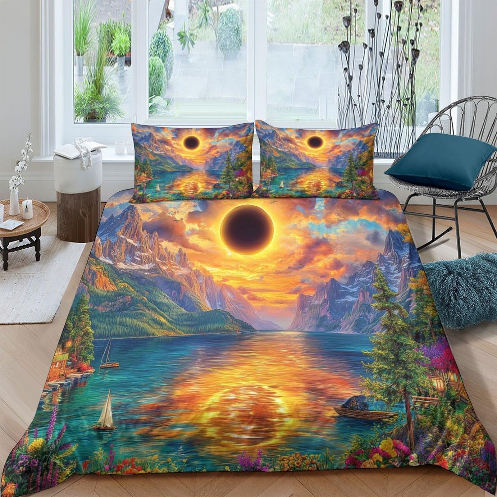 Housse de couette 260x220 cm avec 2 taies d'oreiller en microfibre ultra douce Soleil de minuit