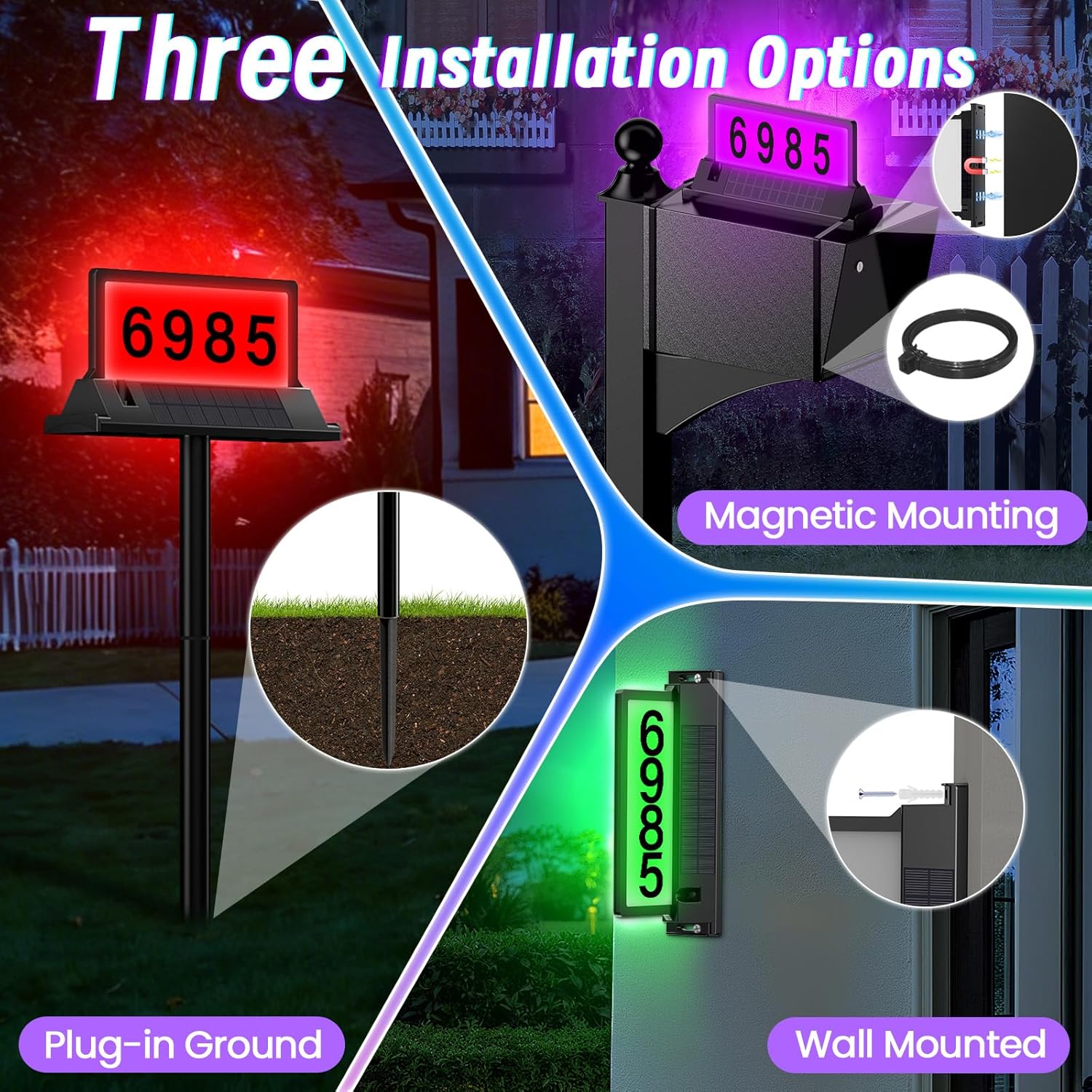 Solar Address Sign for House Numbers – Dual-Sided LED & Dual-Sided Solar Panels, 8 Color Modes, IP65 Waterproof Address Plaque, Strong Magnetic/Stake/Wall Mount, Dusk-to-Dawn for Mailbox Yard Driveway