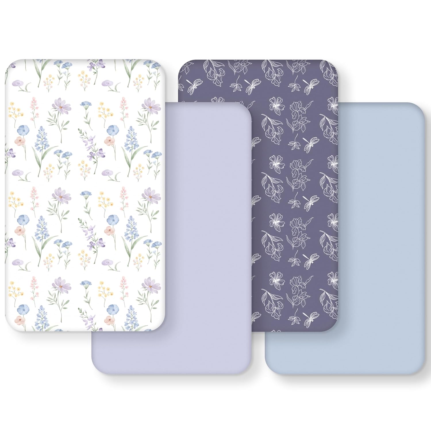 Crib Sheets Girl, Toddler Bed Sheets Fitted for 52”x28”Standard Crib and Toddler Mattresses, 4 Pack Soft Breathable Stretchy Blue Purple Flower