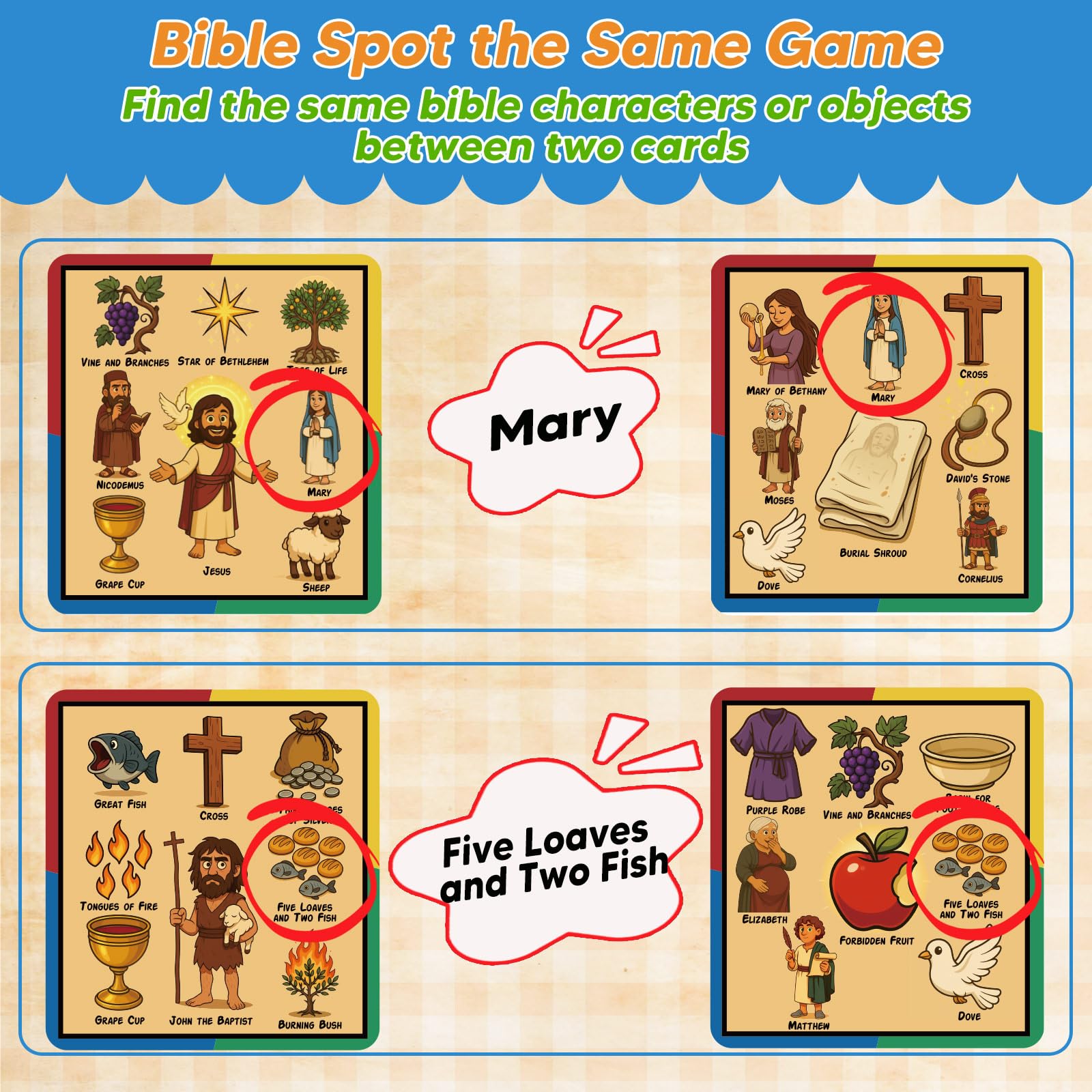 Garybank Bible Spot the Same Games for Kids – Juego de emparejamiento cristiano con 57 tarjetas de historia bíblica para construir la fe, divertido aprendizaje bíblico para la escuela dominical