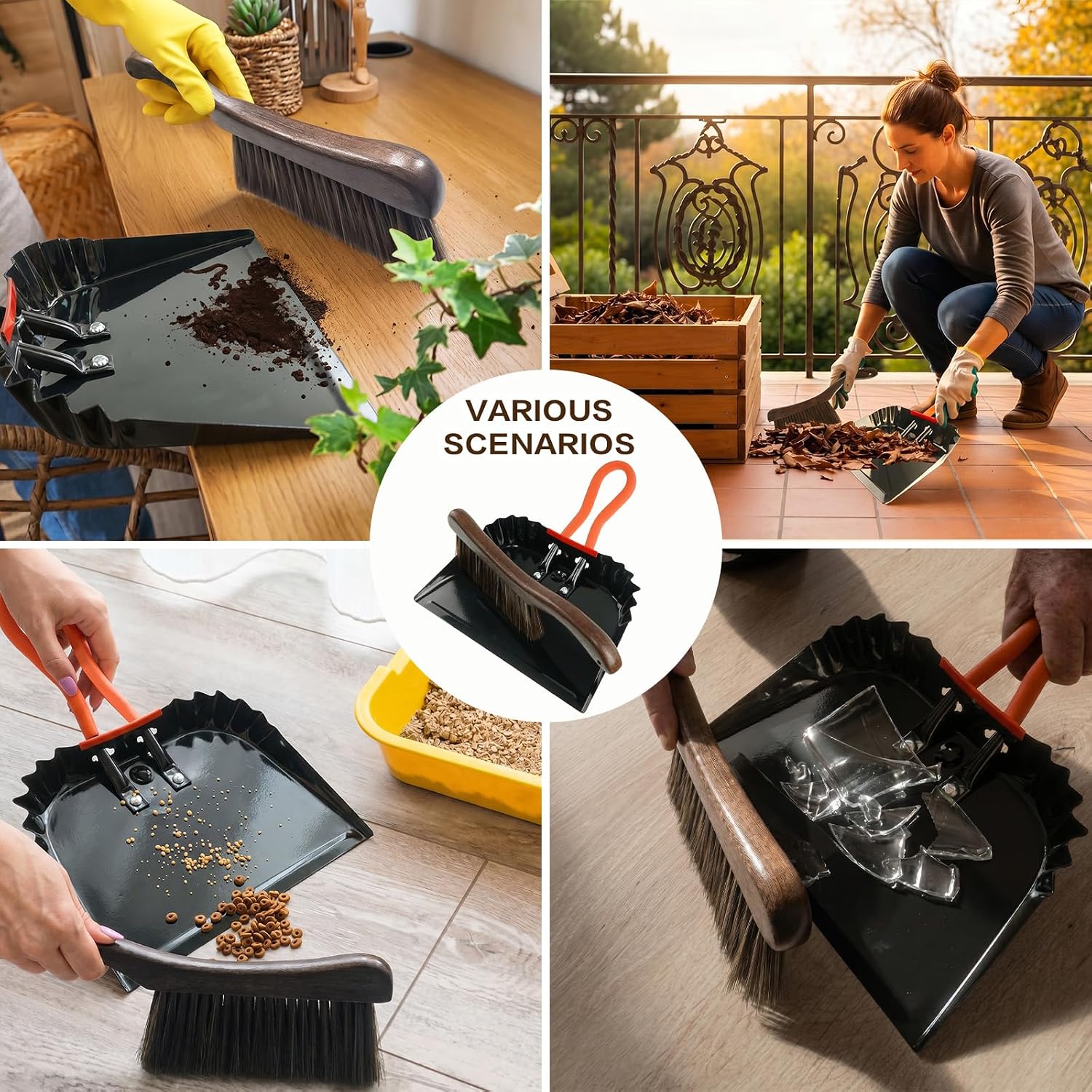 12 Inch Metal Dustpan and Brush Set,Steel Dust Pan Brush Set with PVC Handle and Wood Broom for Indoor/Outdoor, Ashes, Glass, Pet Food - Industrial & Commercial Use