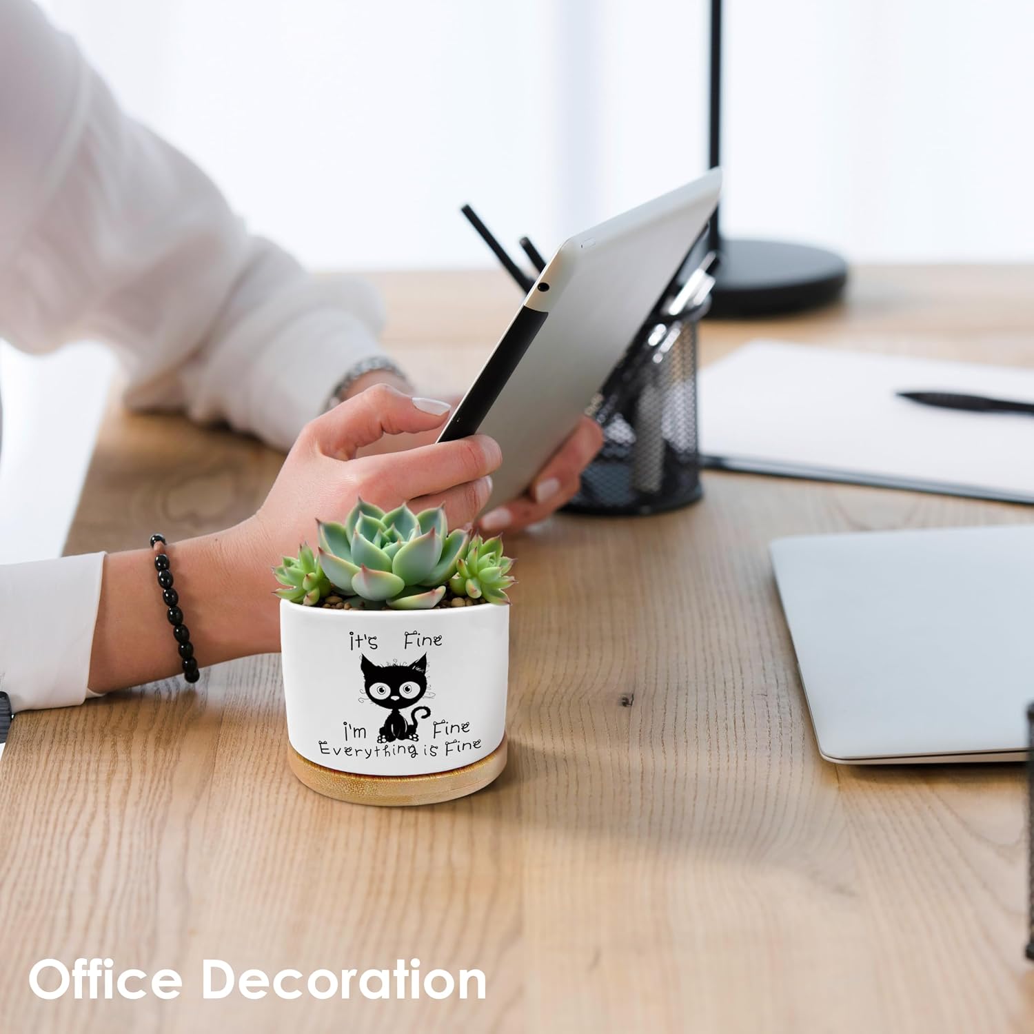 Funny Office Black Cat Plant Pots, Cat Lover Gifts Succulent Planters, It's Fine Everything is Fine Sarcastic Ceramic Plant Flower Pots for Home Office Desk Table Shelf(No Plants) image 3
