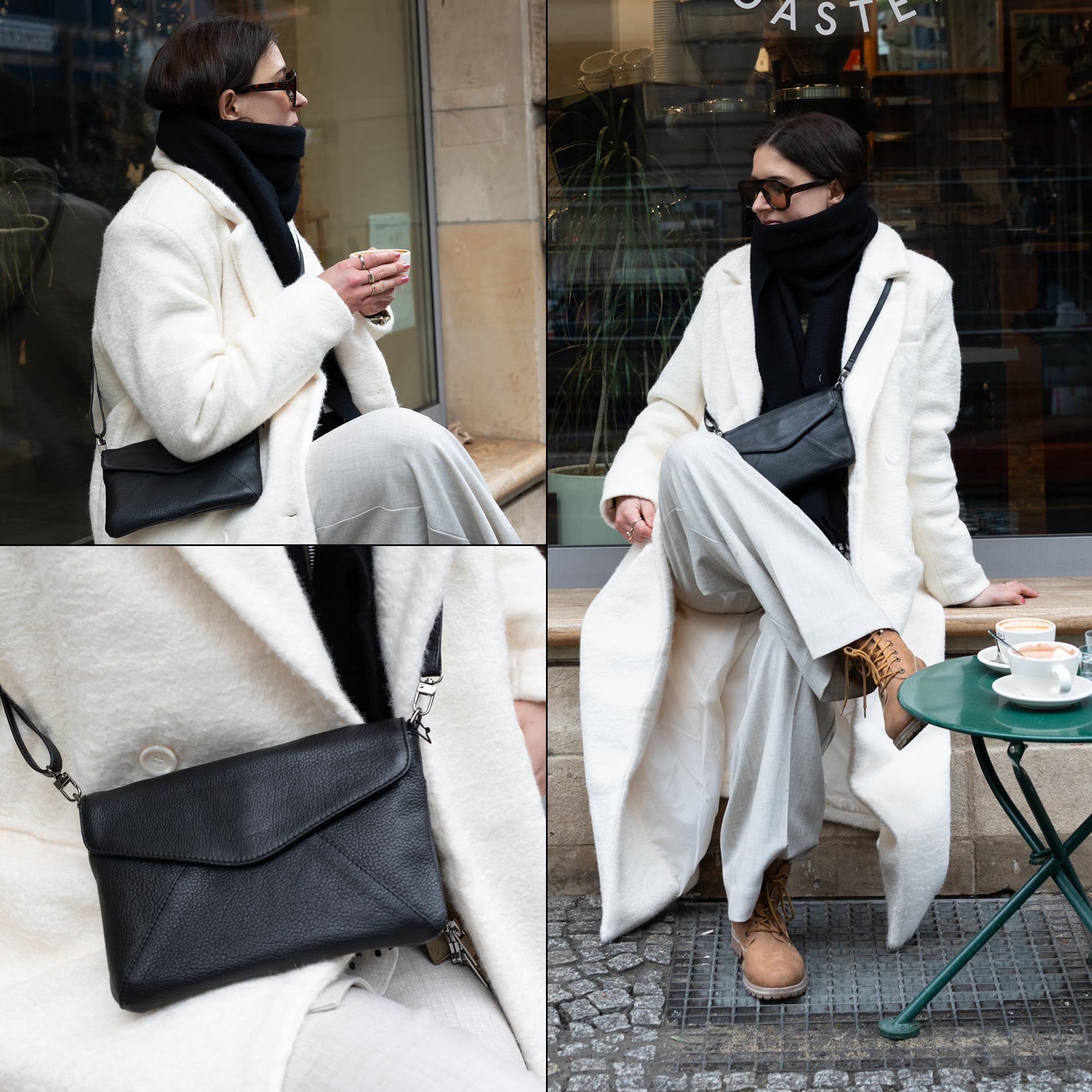 Berliner Bags Premium Leder Clutch Eva, Crossbody-Tasche, Umhängetasche & Handtasche für Damen mit Magnetverschluss – Schwarz