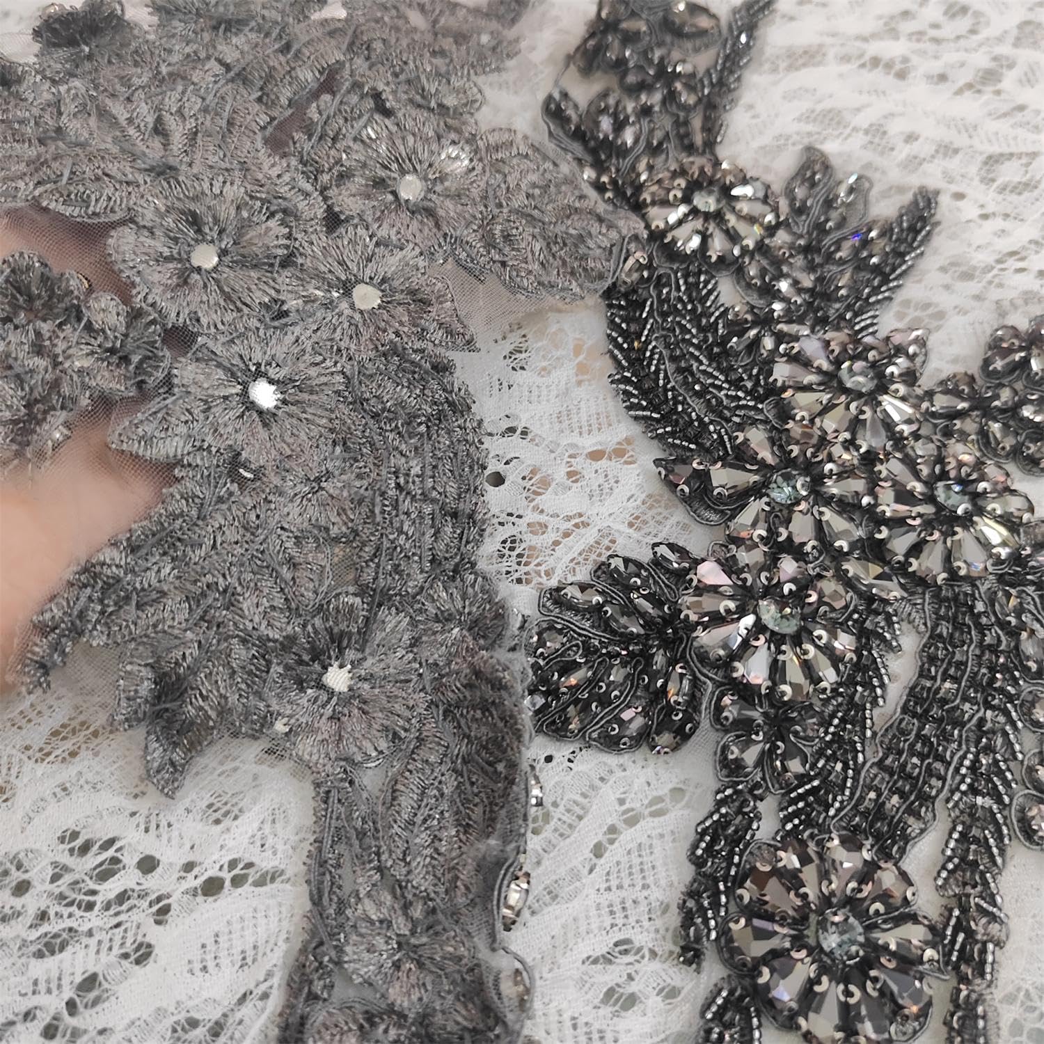 1 Pair Handmade Beaded Rhinestone Appliques, Sew on Crystal Flower Lace Patch,Multi-Color Pairs for DIY Clothing, Wedding Dress, Home Decor (Grey)
