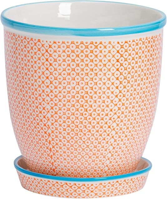 Nicola Spring Porcelain Flower Pot With Drip Tray in Orange/Blue Print - Diameter 203mm