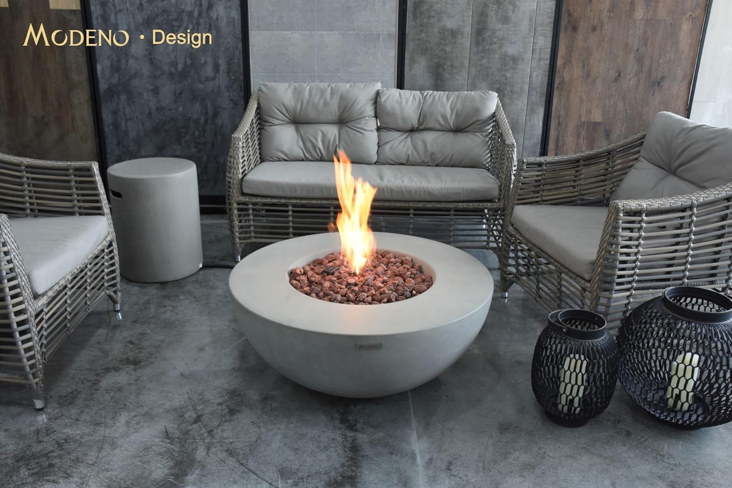 AMS Fireplace | Modeno Roca Package | Light Gray Natural Gas Fire Pit Table for Outdoor Patio Bundle with Wind Guard and SS Burner Lid | Free Rubber Mat & Ice Bucket