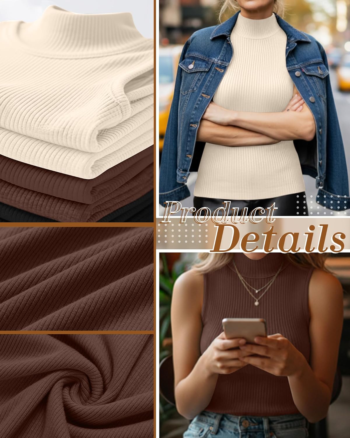 Ficerd 3 Pack Women's Sleeveless Mock Turtleneck Tank Tops Ribbed Knit Slim Fitted Stretchy Shirts Casual Layer Basic Tees - Image 4