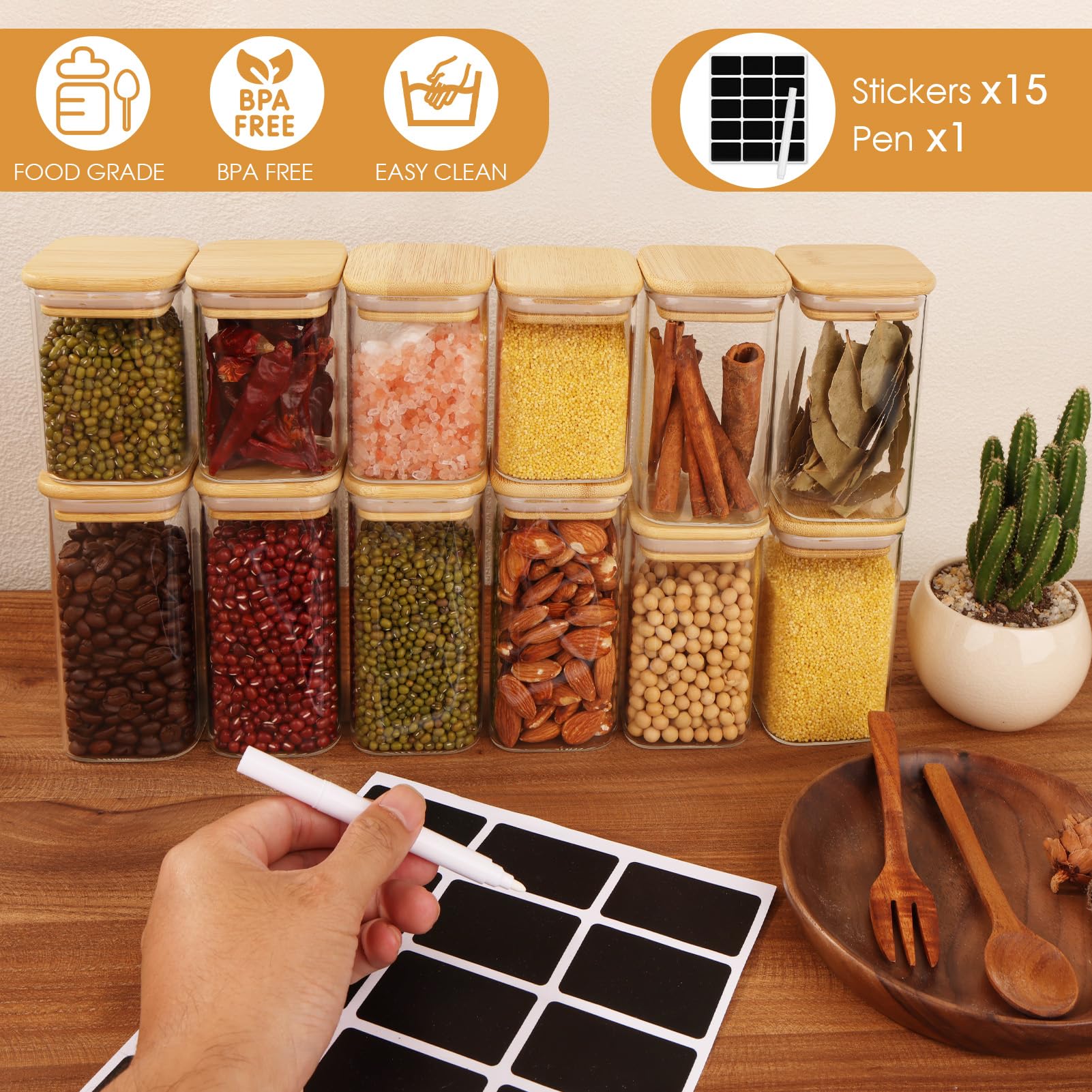 Cinnani Barattoli Spezie Vetro Quadrati, 12pcs x 300ml Barattolini porta Spezie Vetro con Coperchi in Bambù, Barattoli Spezie per Cucina Ermetici, Trasparente Vasetti Spezie con Etichette