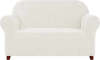 subrtex Housse de canapé élastique en jacquard à rayures, anti-rayures 2 places Crème