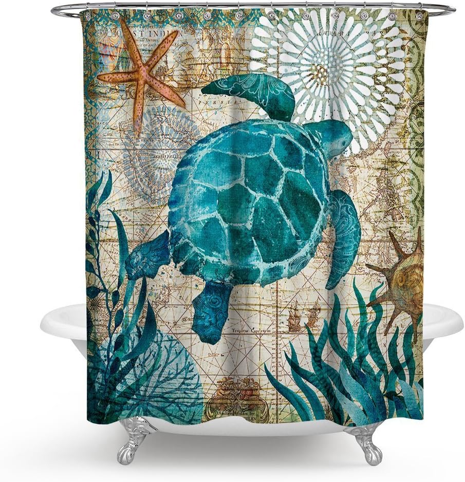 ECONIE Sea Turtle Shower Curtain Ocean Animal Landscape Waterproof Polyester Blackout Draperies Window Solid Grommet with 12 Hooks for Bedroom Livingroom Bathroom,71 x 71 (13)…
