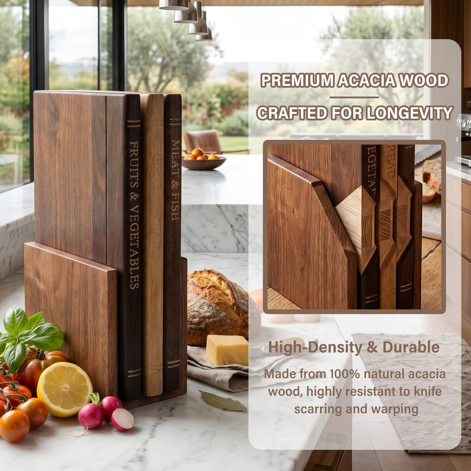 Schneidebrett, das aussieht wie Bücher, 3er Set Holz Schneidebretter mit Ständer, dekoratives Buchdesign für Käse, Brot, Fleisch & Gemüse