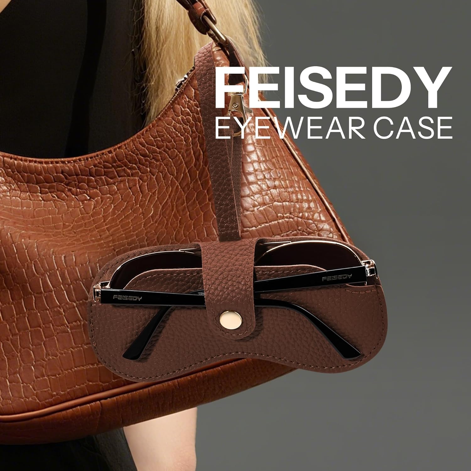 FEISEDY Soft Leather Sunglass Case-Slim Portable Glasses Holder with Button-Closure Wrist Strap for Travel & Outdoor B0308 - Image 3