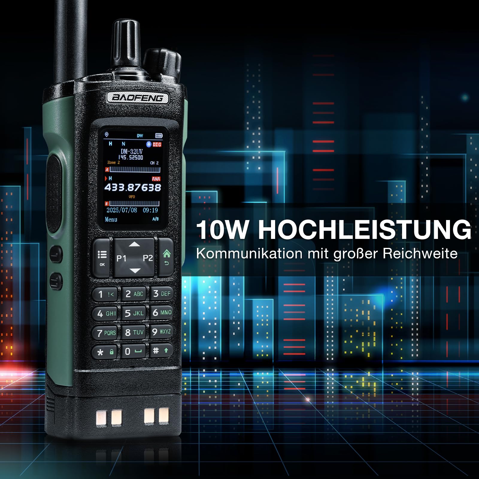 BAOFENG DM-32UV 10W DMR Funkgerät, UHF/VHF/AM/FM Handfunkgerät mit GPS & Digitalem APRS, Tier II Dual Slot, 2" Farbdisplay, 4000 Kanäle, 50K Kontakte, Kofferhalter, Grün