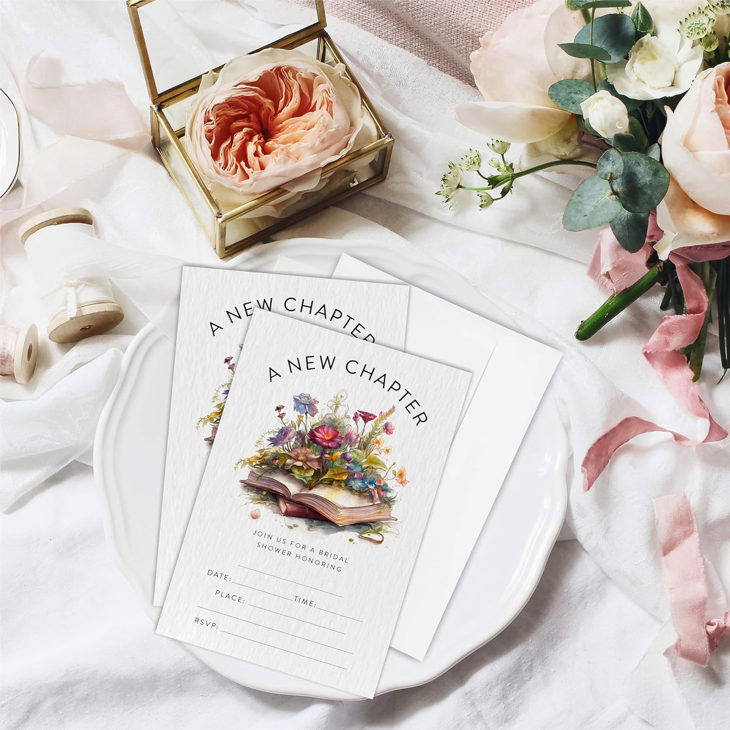 Bridal Shower Invitations - A New Chapter - 25 Watercolor Floral & Books fill in Invites With Envelopes, Invitations For Newlyweds，Bridal Shower, Party Favor & Supplies-B09