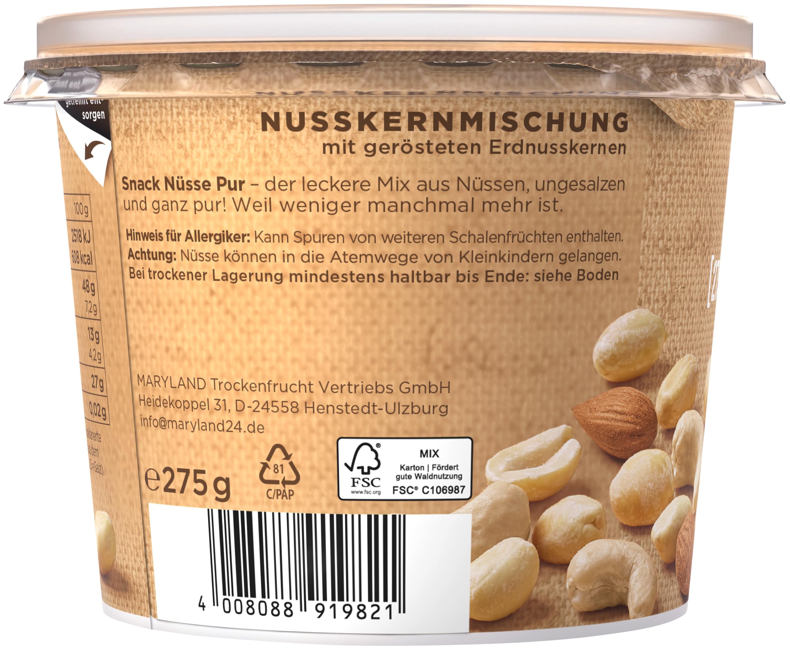 Maryland Snack Nüsse Pur 275g Becher Vorratspack - Erdnüsse, Cashewkerne und Mandeln in Nussmischung - Geröstet & ungesalzen - wiederverschließbarer Becher (6 x 275 g)