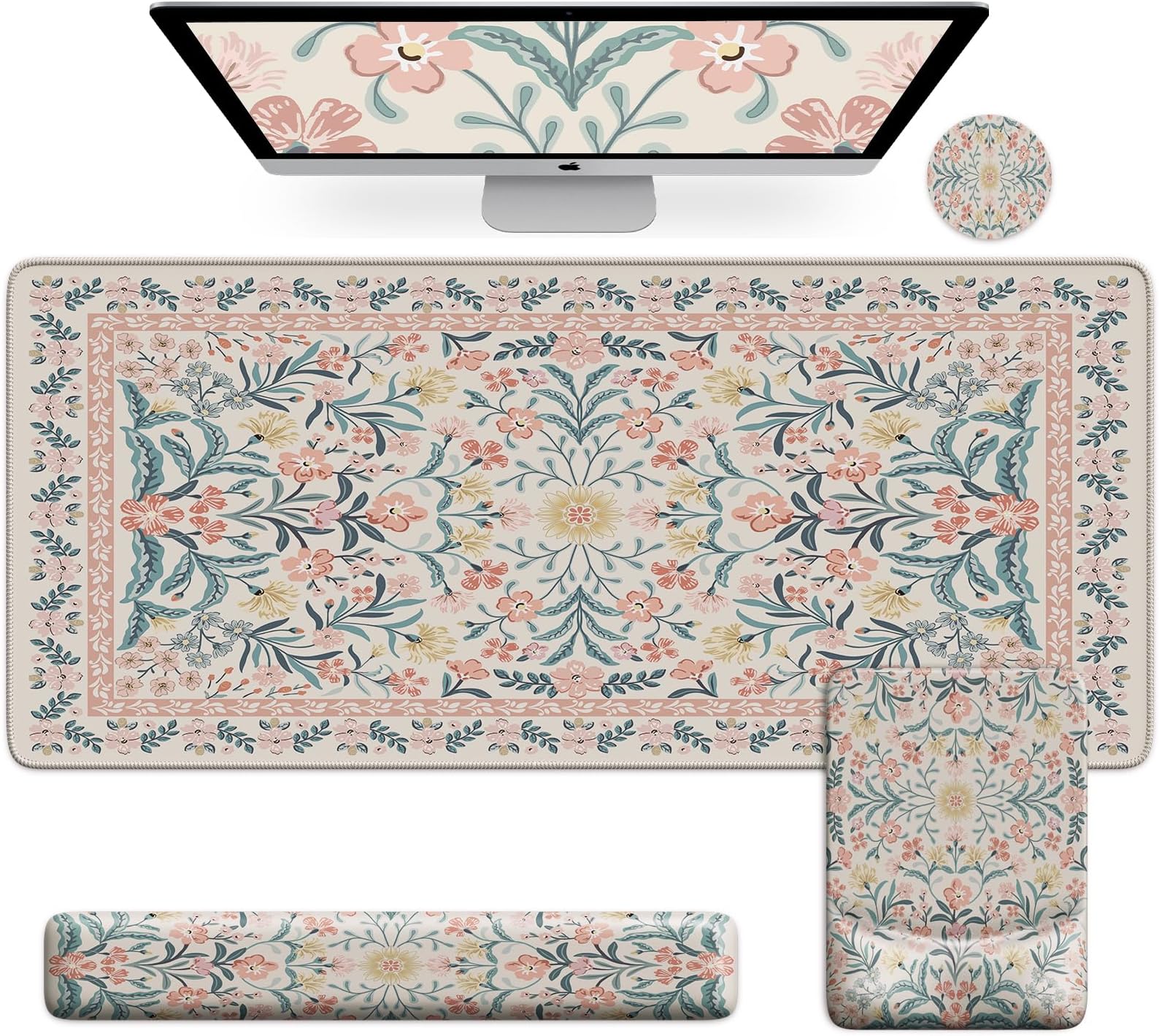 Amazon.com: Arttown Pink Flower Botanical Desk Mat, Leaves Vintage ...