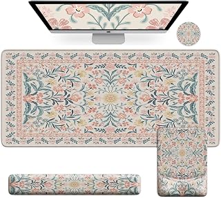 iCasso Mouse Pad with Wrist Rest, Ergonomic Large Desk Mat Set, Pink | Keyboard Pad with Wrist Support, Non-Slip Mouse Mat for Women, Cute Floral Computer Mat for Home Office Gaming