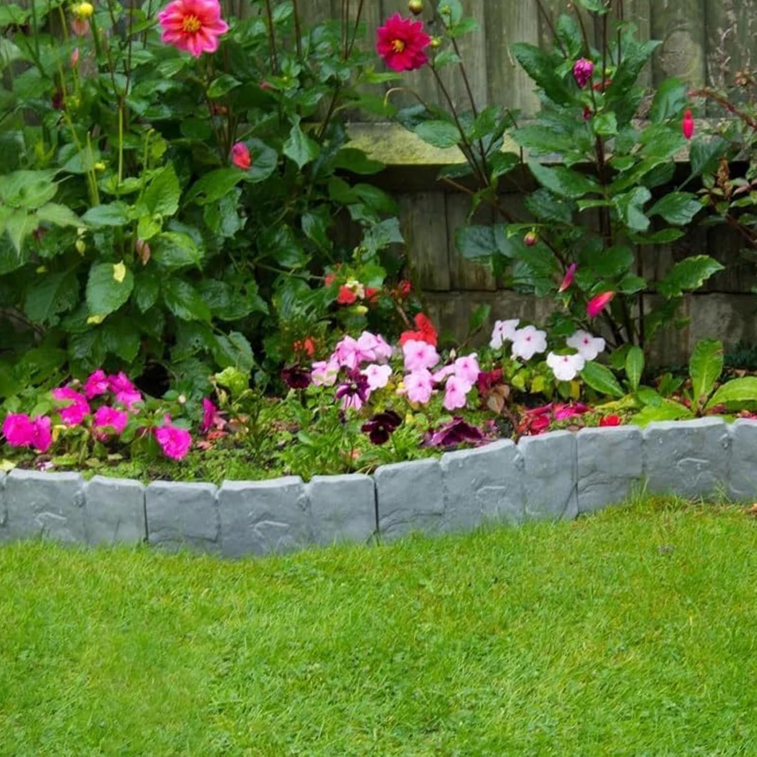 Plastic Garden Retaining Fence, Stone-Look Lawn Edging Border with Flexible Interlocking Design, No Dig Weatherproof Decorative Landscape Edging for Outdoor Yard (Cement Gray,10)