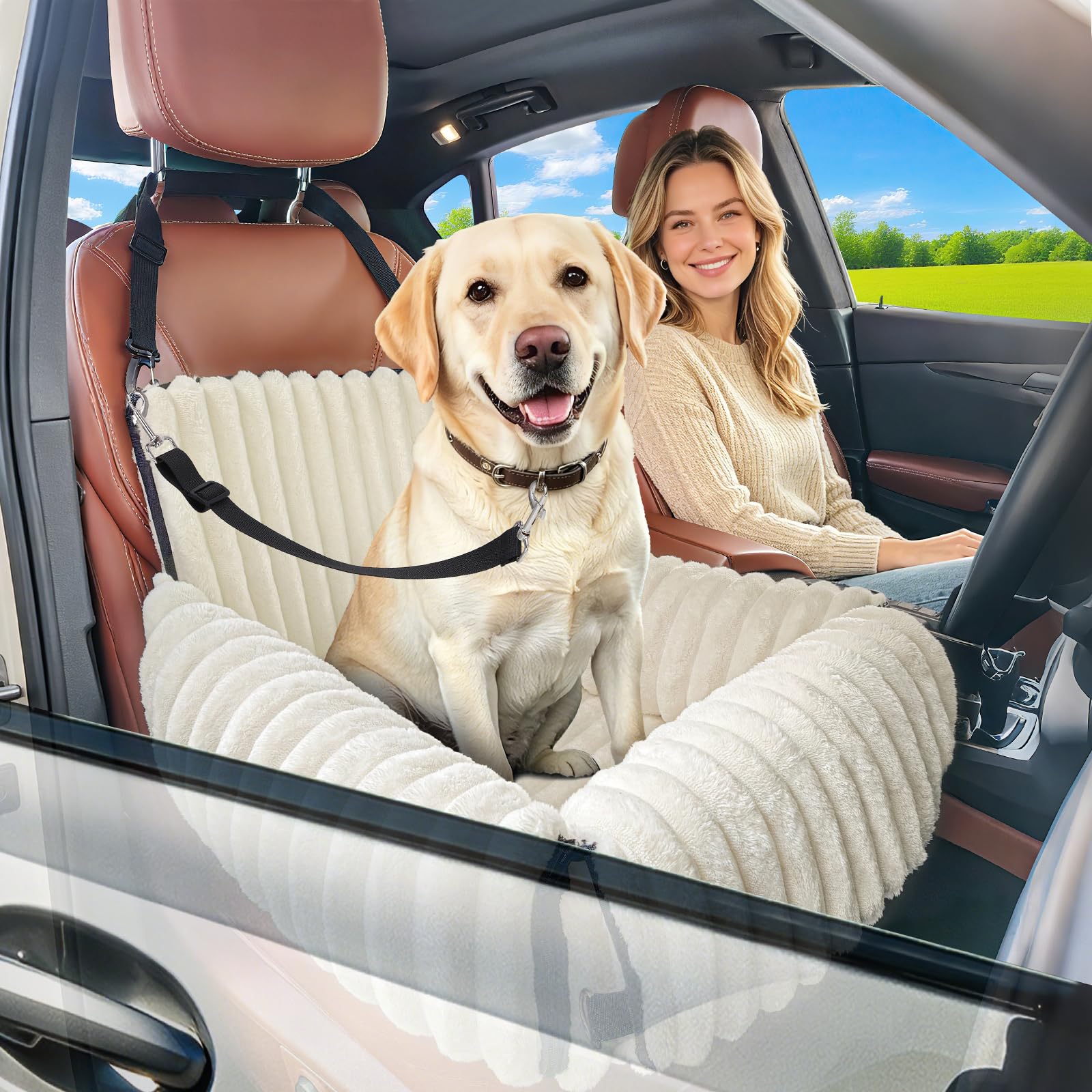MIXJOY Dog Car Seat Travel Bed-Dog Booster Seats, 20cm High Pet Car Seat with Thick Memory Foam for 40Lbs Dogs & Cats, Waterproof Dogs Bed for Front/Back Seat of Cars, Indoors/Outdoor Handbag(Beige)