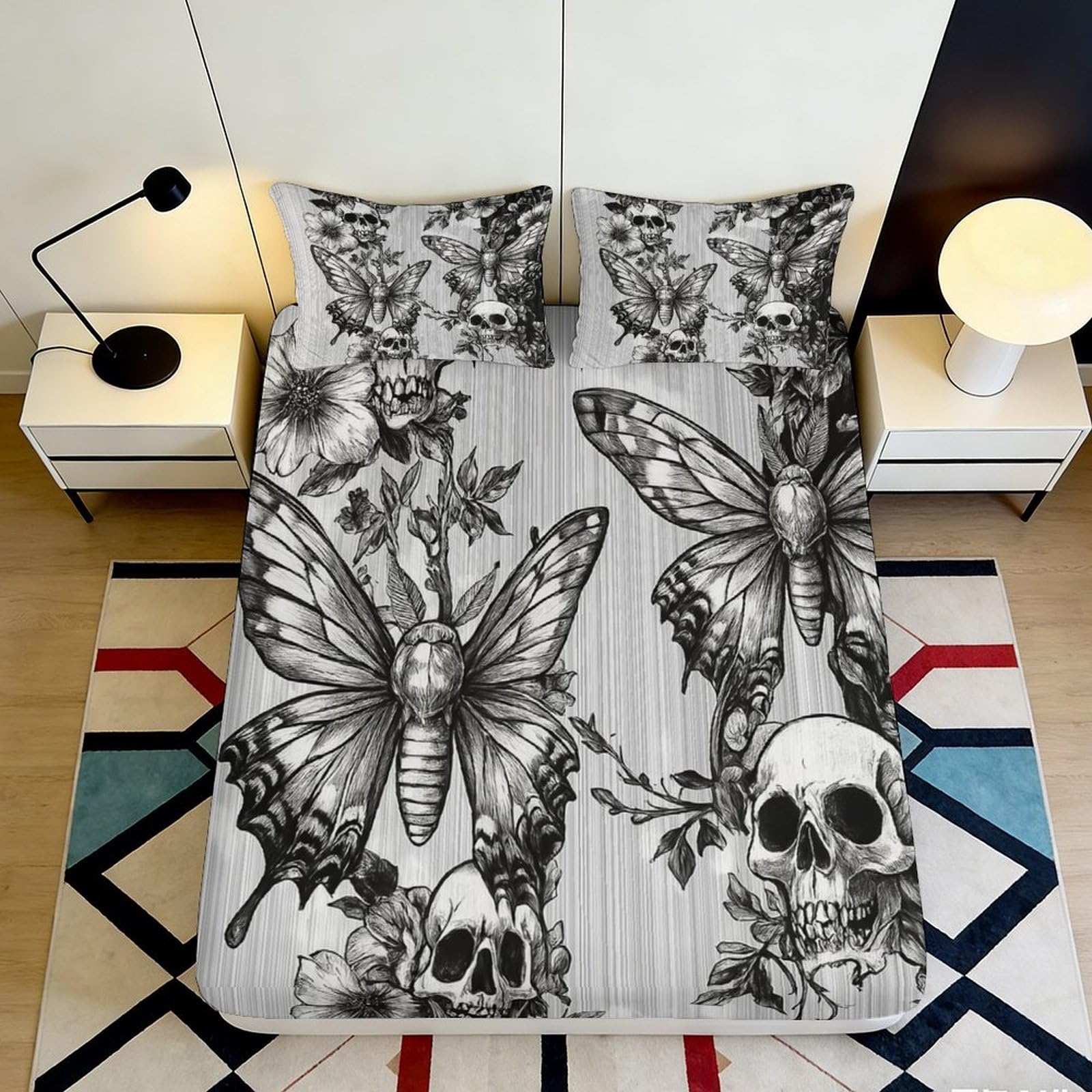 3D Printed Skull Butterfly Fitted Sheet Microfiber Deep Pocket Non-Slip Bedding Skull Butterfly Mattress Fitted Cover for Adults 160x200x25cm
