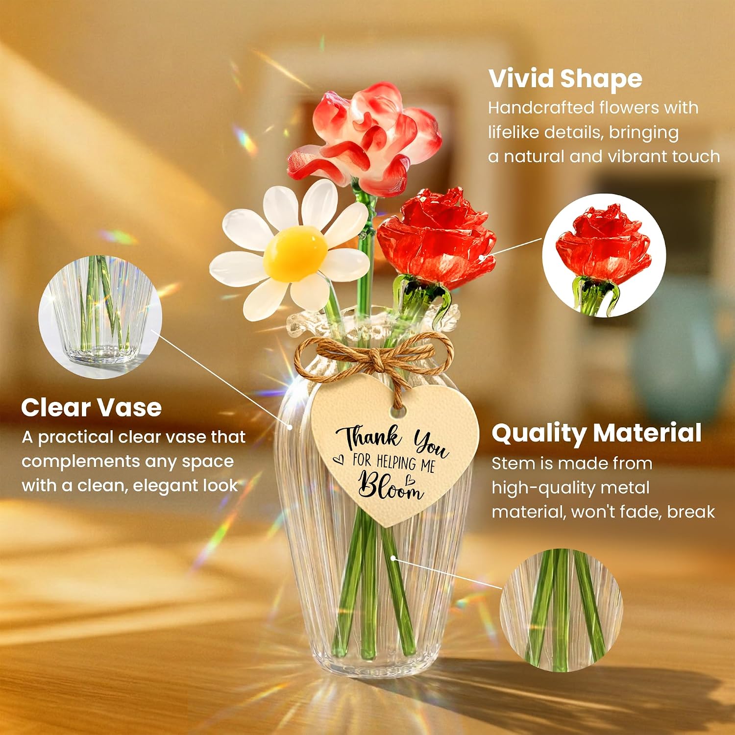 Gossby Teacher Appreciation Gifts - Mini Glass Flower Figurine - Back to School, Thank You, Christmas, Birthday Gift for Teacher from Students - Thank You for Helping ME Bloom image 4