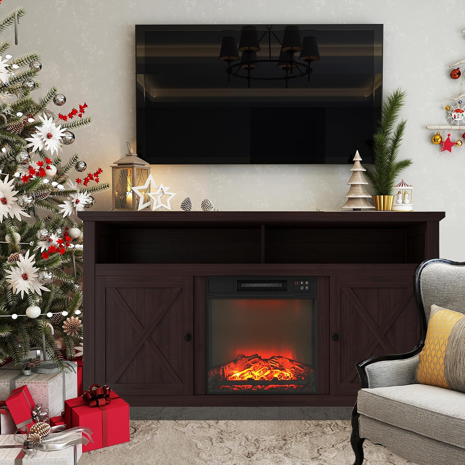 Clihome Electric Fireplace TV Stand 58in Entertainment Center with Electric Fireplace Inserts Heater Christmas Decor TV Stands for Living Room with Fireplace Vintage Fire Places, Brown