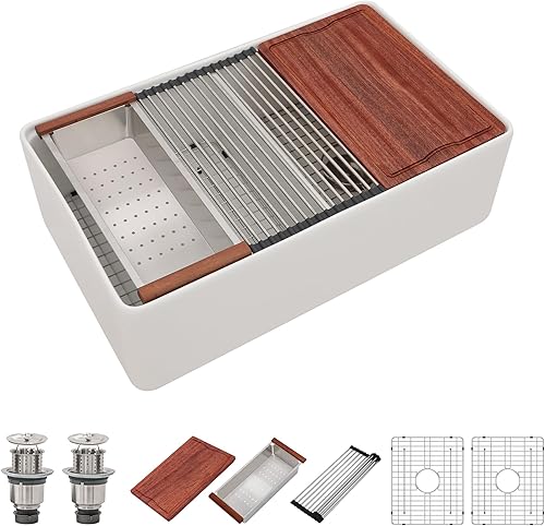 Miniatura 6 de Dcolora Fregadero blanco de 33 pulgadas con estación de trabajo 5050, fregadero de cocina de granero, delantal plano frontal de arcilla refractaria