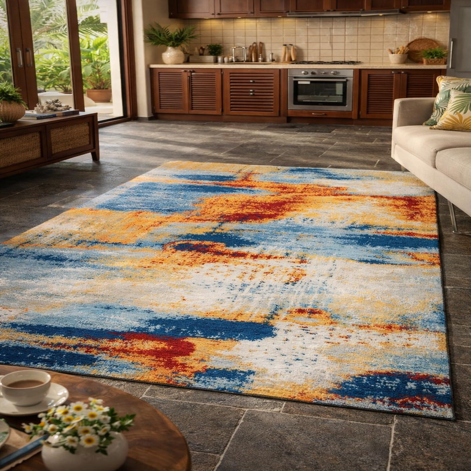 Tapis salon abstrait bleu et orange pour réchauffer l'ambiance de votre chambre