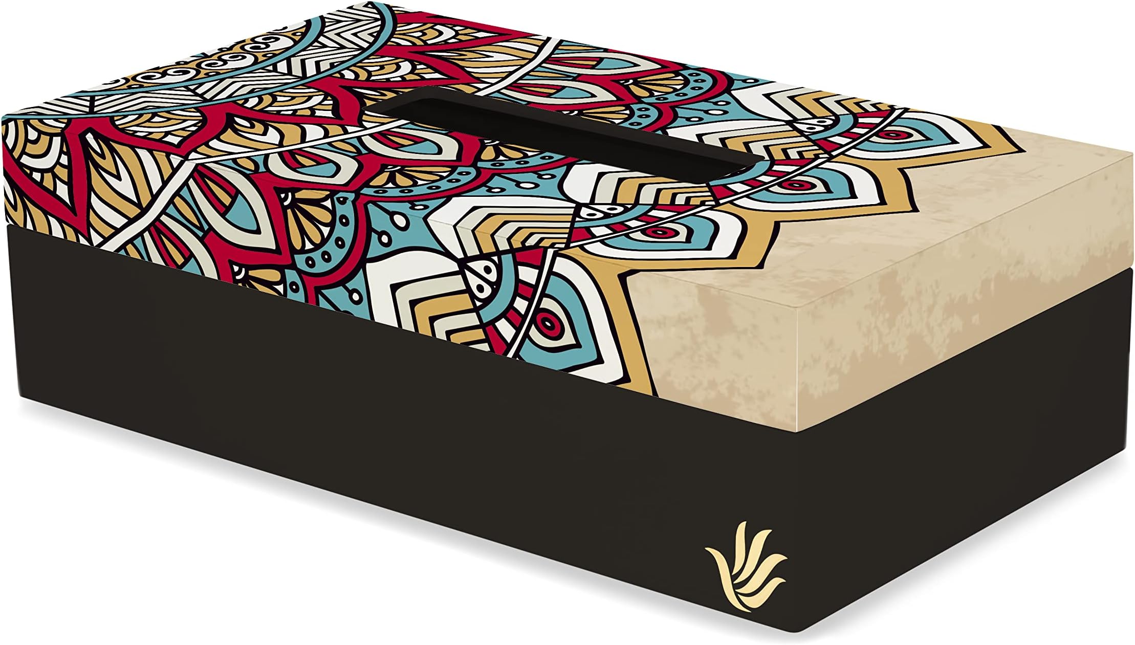 BRAHMA DESIGN Tissue Box Holder | Mandala Vintage 2 Design with Black Border | Size 9" x 5" x 2.75" Tissue Box Holder for Car and Home | Refillable Car Tissue Box Cover