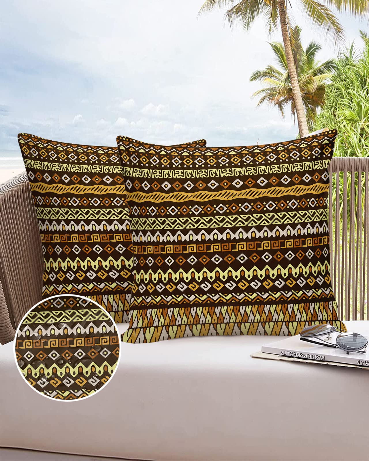 Outdoor Pillow Covers Waterproof, Brown Ethnic Tribes Stripes Grain All Weather Cushion Case Set of 2, Yellow Geometric Triangle Filling Decorative Pillowcases for Sofa Patio Furniture 16