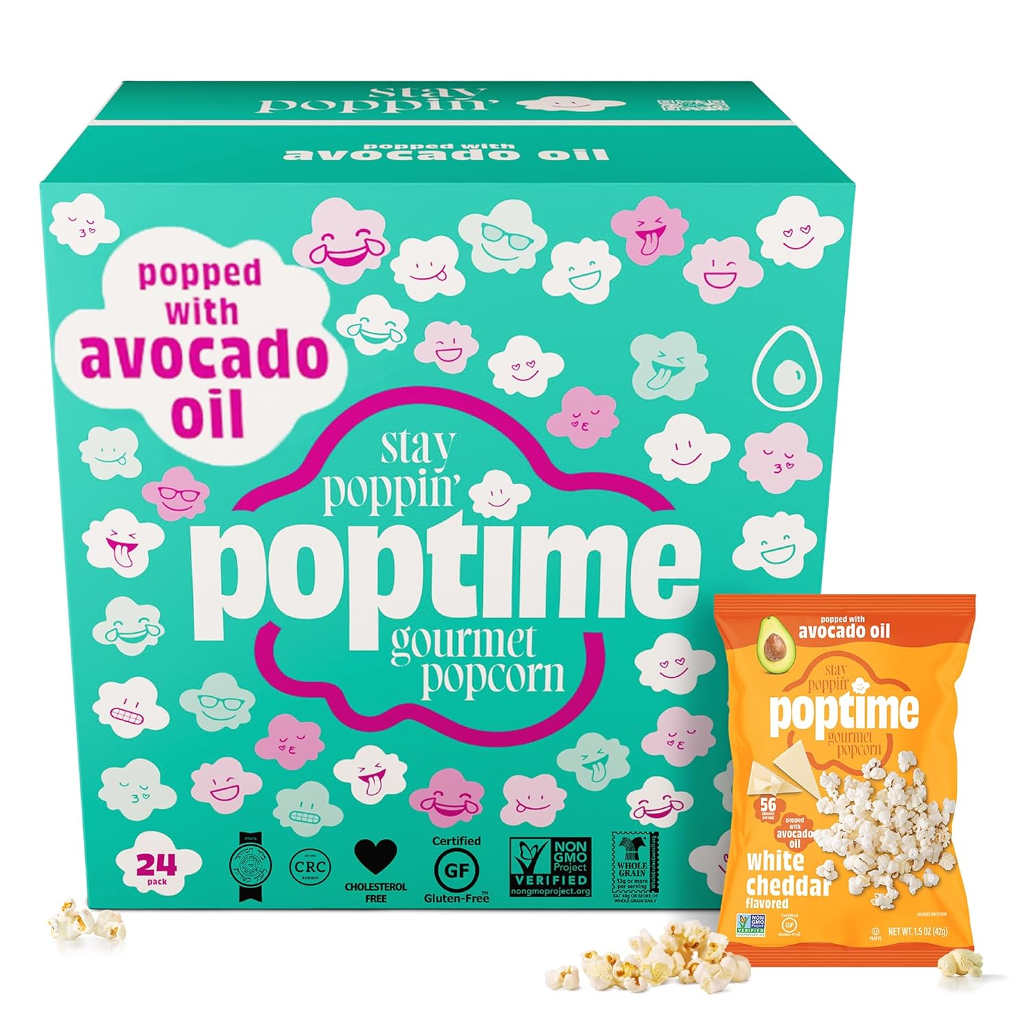 Poptime White Cheddar Kettle Cooked Popcorn, 1 oz Individual Snack Bags, Made with Avocado Oil, Low Calorie Healthy Cheesy Popcorn Snack, Gluten Free, Non-GMO, Vegan, Whole Grain, Kosher, Pack of 24