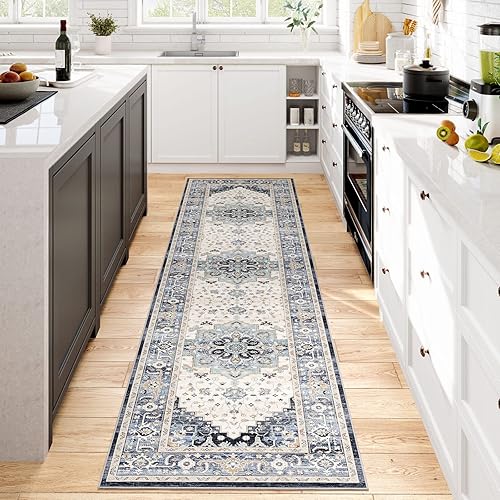 Dripex Alfombra bohemia persa de 2 x 6 pulgadas, lavable, envejecida, estilo medallón oriental, antideslizante, no desprende pelusa, alfombra de