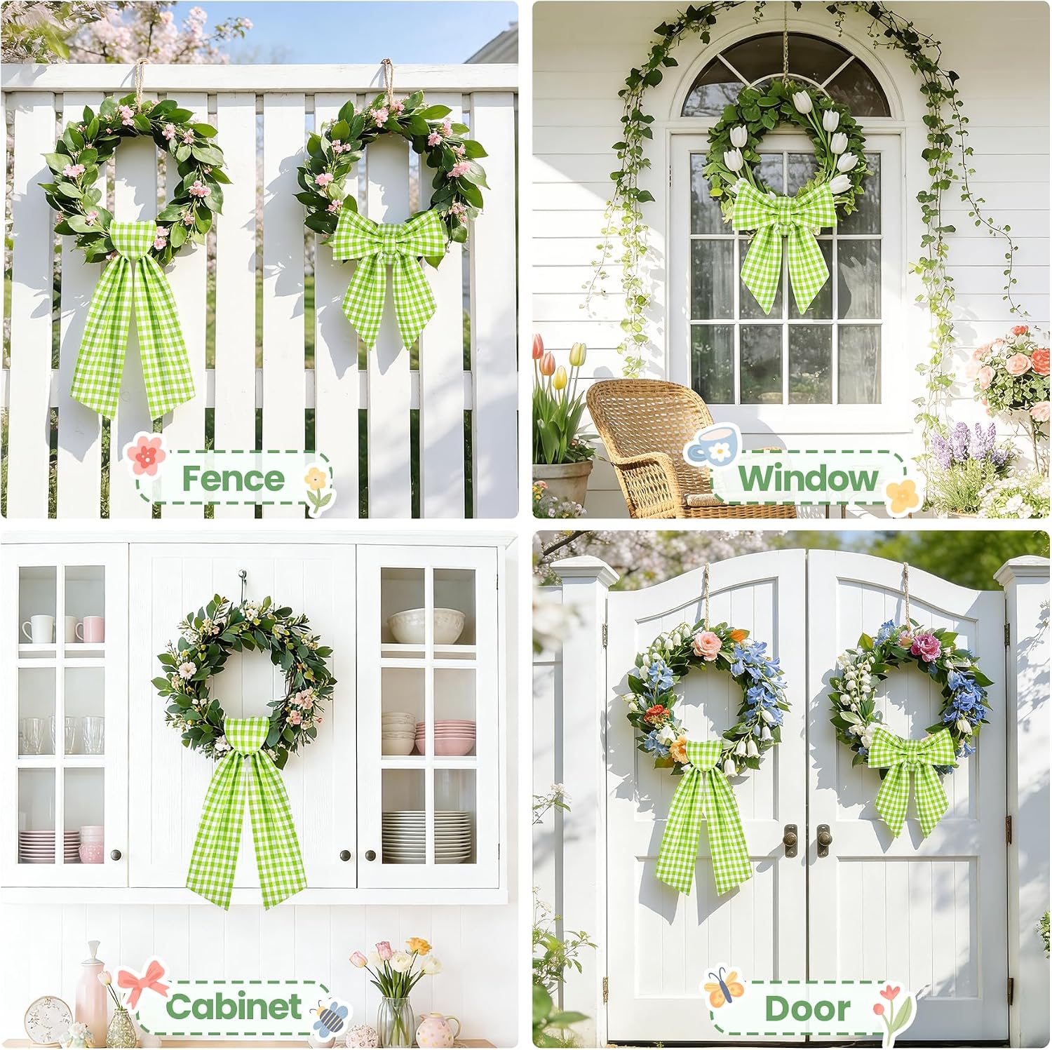 Spring Wreath Sash, 56 Inch Green and White Plaid Front Door Wreath Sash for Holiday Indoor Outdoor Decorations, 1 Pcs